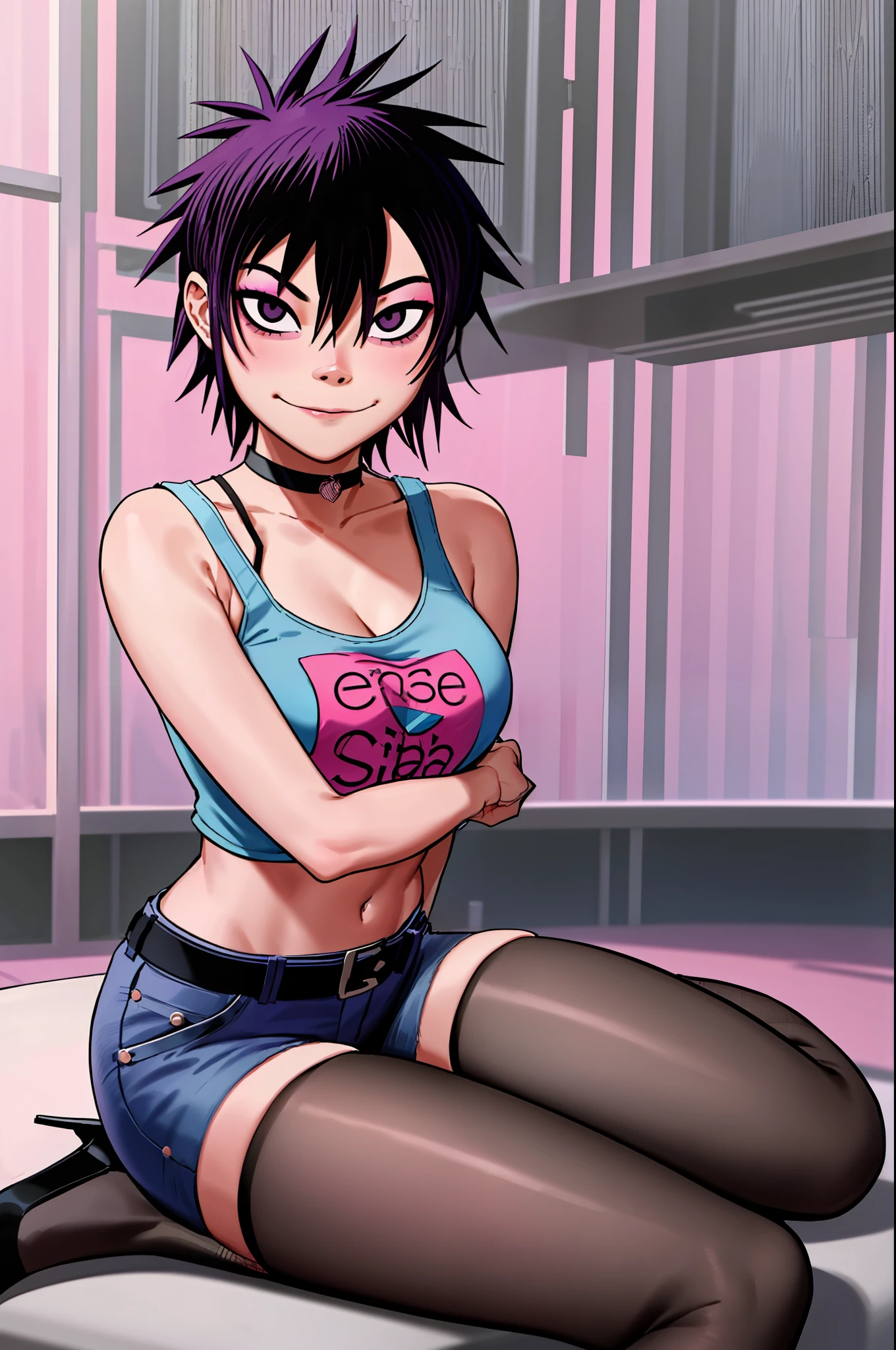 noodle (gorillaz), masterpiece, best quality, hair between eyes, purple hair, choker, belt, blush, looking at viewer, bangs, fishnets, pink crop top, taking off shirt, solo, blue hair, makeup, short hair, portrait, black eyes, small breasts, blush, sexual expression, seductive smile, hair covering eyes, high heels, 5 fingers, hands on breasts, sitting on knees, breasts tease, detailed music studio background, denim shorts, detailed tummy, pink eye shadow, sfw