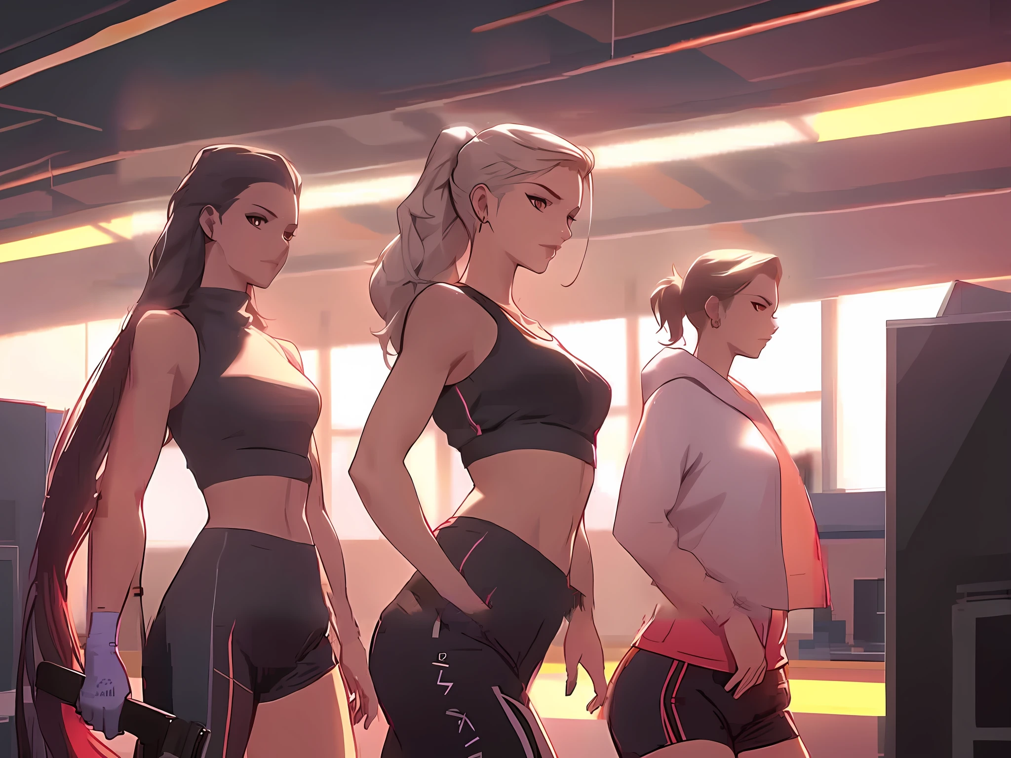 anime characters standing in a line in a room with windows, ross tran style, in the style of ross tran, kda, rossdraws 1. 0, rossdraws 2. 0, high quality fanart, lois van baarle and rossdraws, :: rossdraws, rossdraws 2. 5, chun li at the gym, inspired by Ross Tran