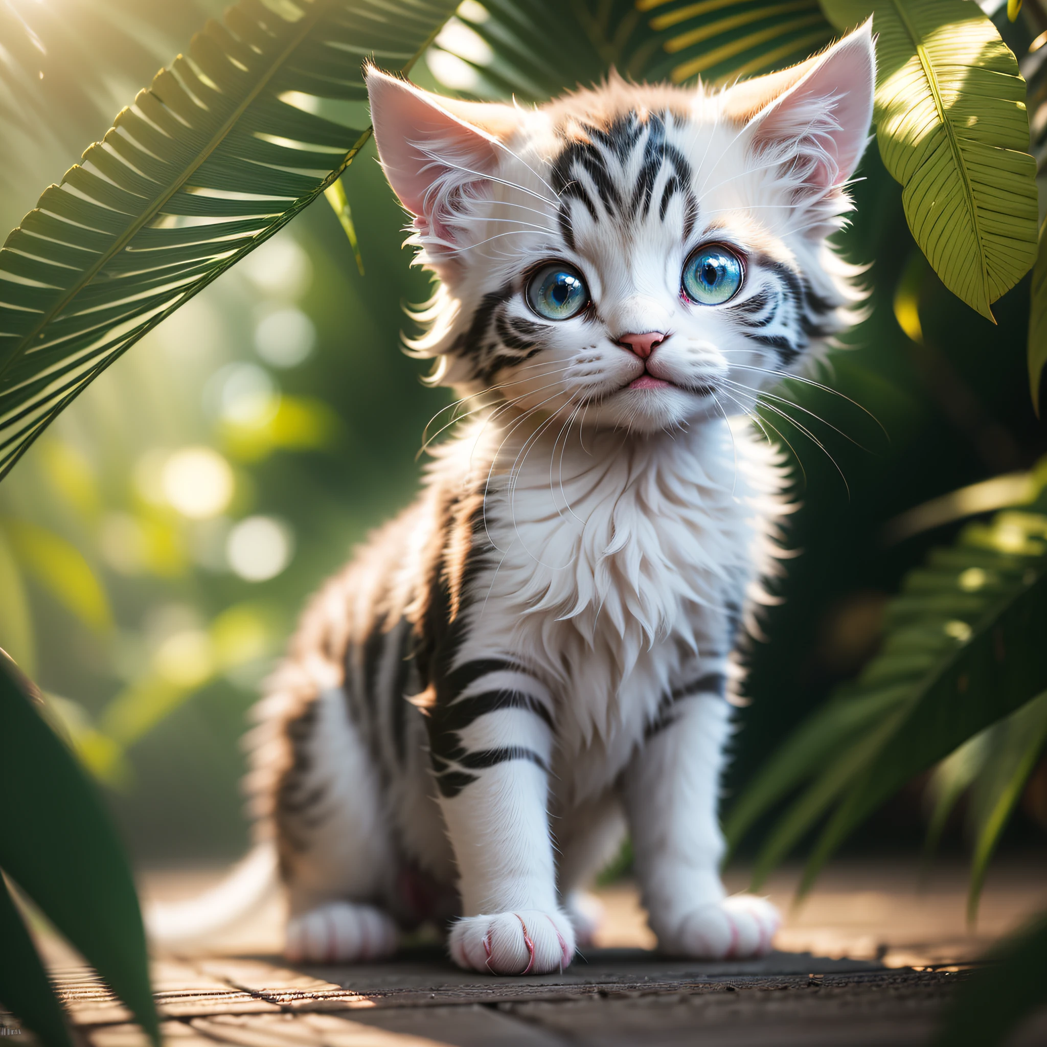 Very cute fluffy white tropical punk kitten, professional lighting, depth of field 8k, golden magic hour, professional photography, octane rendering, ultra realistic - amazing sunlight, dynamic composition, photography, sharp focus, bokeh --auto --s2