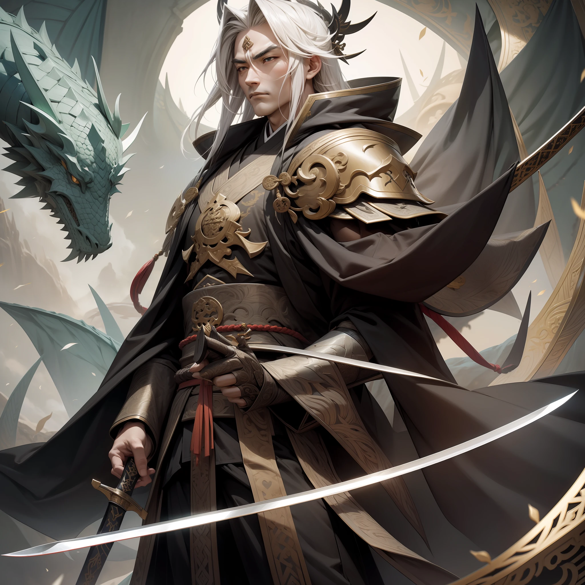 Qin Shi Huang, domineering, majestic and solemn, solemn face, sharp eyes, holding a sword, power, determination, gorgeous imperial clothing, dragon robes, battle robes, status, authority, head held high, looking down on the world, best quality, photo-quality picture quality, cg