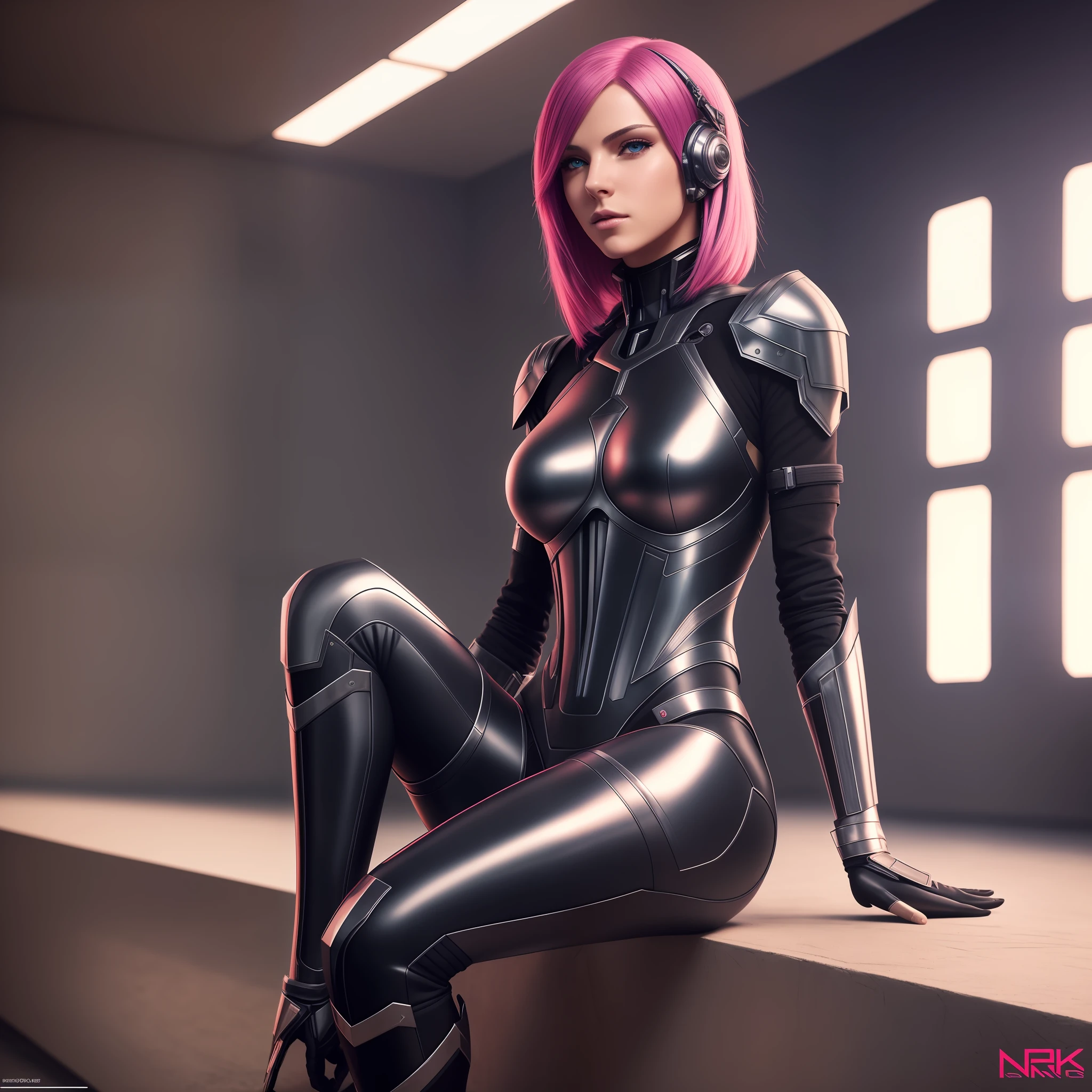 realistic photography, solo, sitting, sensual pose, full body, depth, best quality, a woman, with colored hair, bright eyes, shiny armor, slim body, cyberpunk style, neuras colors, realistic, 8k, HDR, sensual body, provocative pose, sharp female parts.