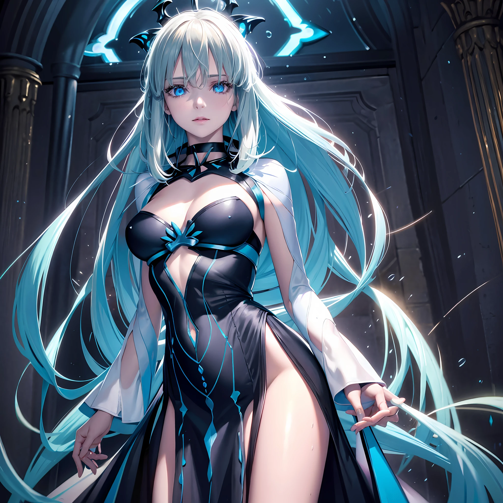 illustration, cinematic light, highres, highest quallity, ultra detailed, detailed face, (detailed eyes), best quality, hyper detailed, masterpiece, (detailed face), clean face, sexy mature woman wears transparent (torn) cloths, floating cloth, see through, choker, open cloths, nsfw, high heels, blue eyes, neon tiny glowing hair ends, dark fantasy forest, glowing plants with neon details, dark magic, (portal:1.15) to the underworld in the background, light reflection, heart shaped iris, playful eyes, open shoulder, rain, (wet body), tiny glowing butterfly, hair jewery