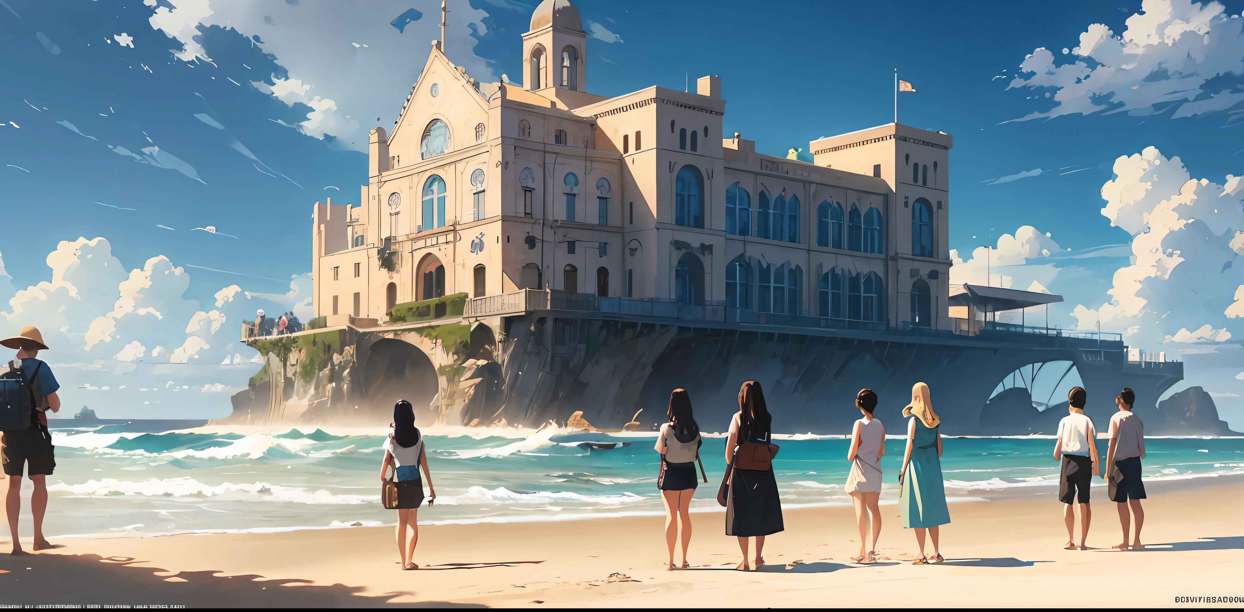 painting of a group of people standing on a beach in front of a large building, a beautiful artwork illustration, beautiful art uhd 4 k, atey ghailan and steve mccurry, painted by andreas rocha, 4k highly detailed digital art, by Andreas Rocha, andreas rocha style, inspired by Andreas Rocha, background artwork