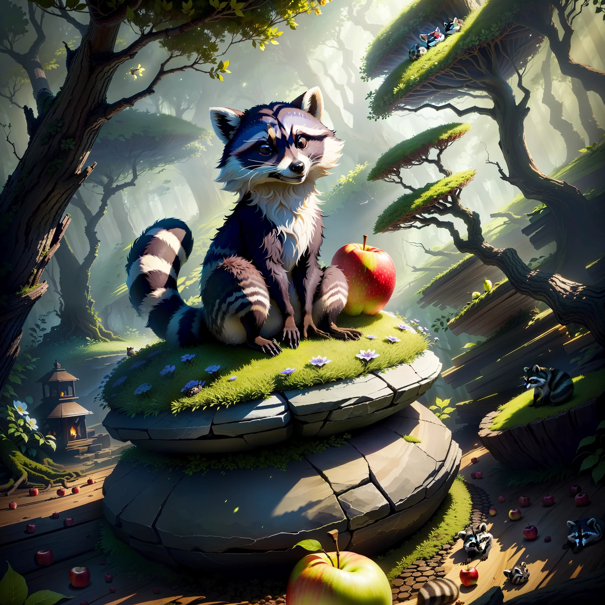 Raccoon sitting on a rock as an anthill, in the forest, tendrils, apples lying around, fireflies, idyllic, flowers, ants everywhere masterpiece, beautiful, 4k, realistic cartoon, mega realistic, scaled, centered