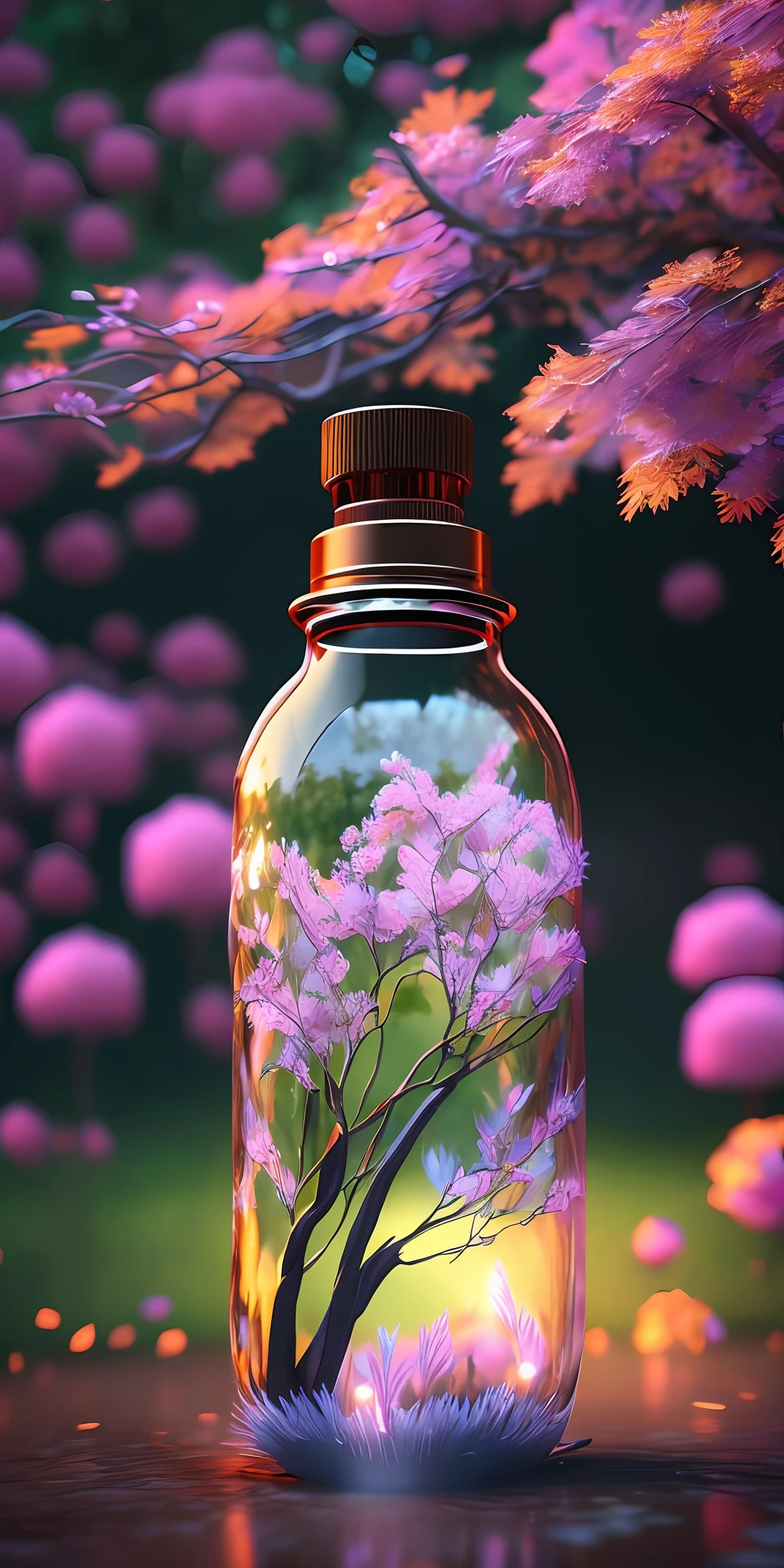 A dreamy art tree in a bottle, fluffy, realistic, photographic, canon, dreamy, artistic, splendid leaves and branches with flowers above its head. Greg Rutkowski's Ultra Detailed Photo Realism - H1024W 804 | F16 Lens Markers 2:2 S 35555 mm Film Particles: 1 Realistic High Resolution Sharp Focus Contrast!! The intricate and detailed atmospheric refractive lighting in Octane, Unreal Engine 5's cinematic concept cinematography masterpiece, presents the trend of CGSociety