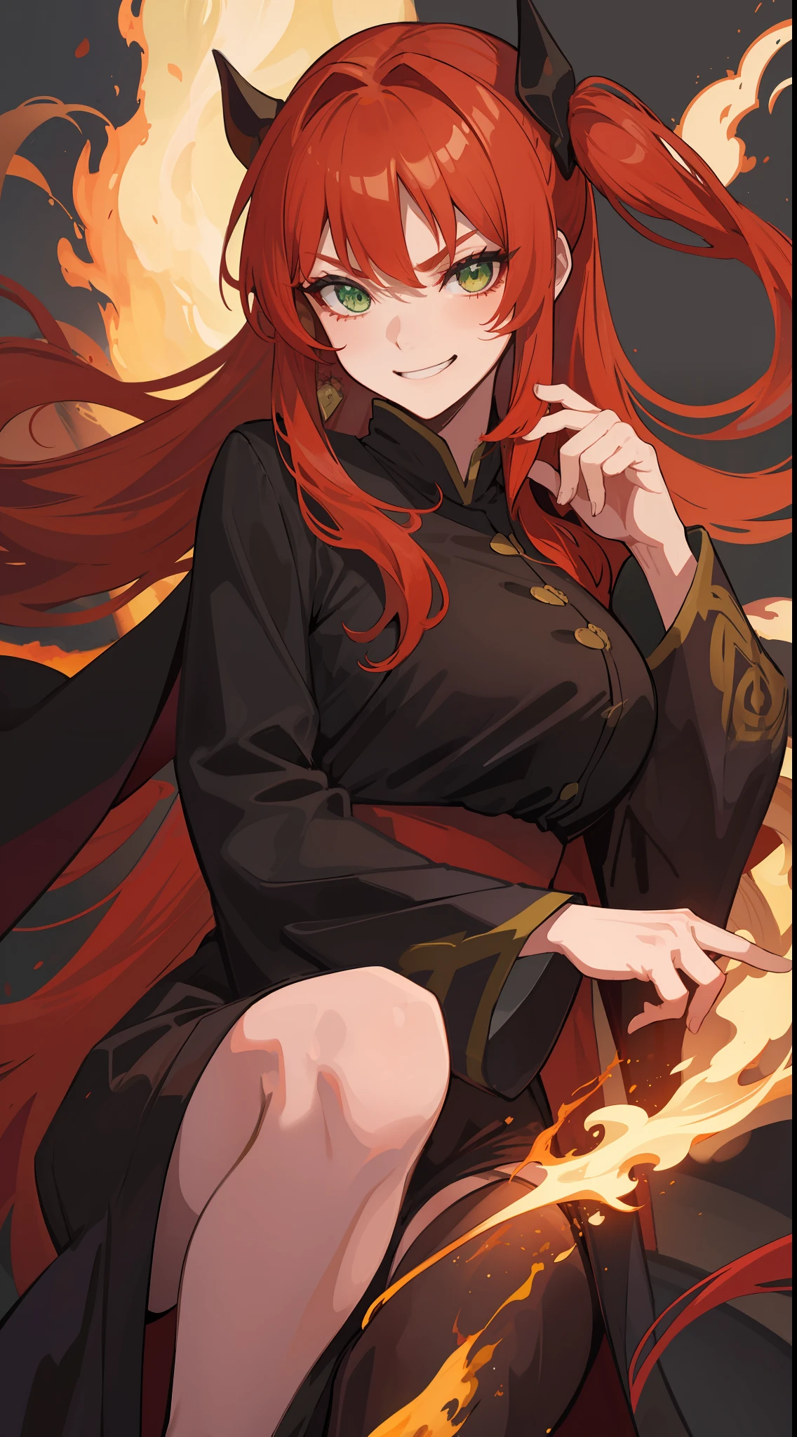 1mature girl, red long flowing hair ponytails, green eyes, emitting fire from her hands, wearing black robe uniform and medium boobs. {{Evil smirk or smile}} {{21yo face}}