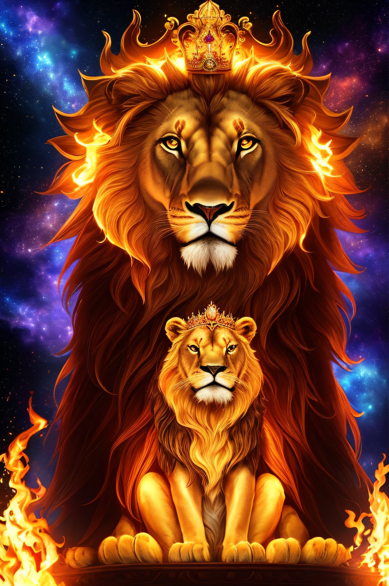 A royale King Lion full boby, galaxy background, magical 3D, full resolution RTX style with flaming eyes sitting on a throne, with a king's crown, captured through Photography with a 35 mm lens. Inspired by the art of National Geographic photographers, the scene depicts the majestic lion, majestic and powerful. The color temperature is warm, with golden tones enhancing the lion's grandeur. The lion's eyes burn with intense flames, emanating a sense of authority and dominance. The lighting casts dramatic shadows, creating a captivating, symmetrical, full body, big angle, rtx atmosphere