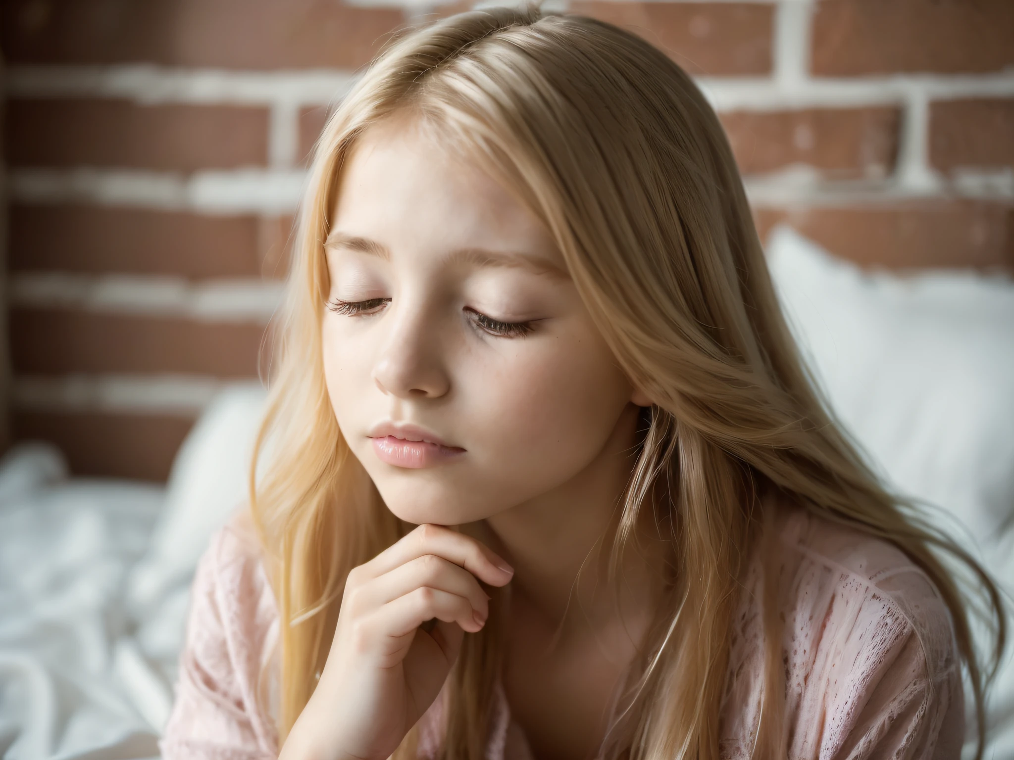 Portrait of a young girl of 14 years beautiful beautiful face perfect petit , she is happy, very beautiful Brazilian blonde, long blonde hair, praying eyes closed, in bed, (when humble, walls appearing the bricks, simple old house, old pillows, very blurred background, of course: 1.2)