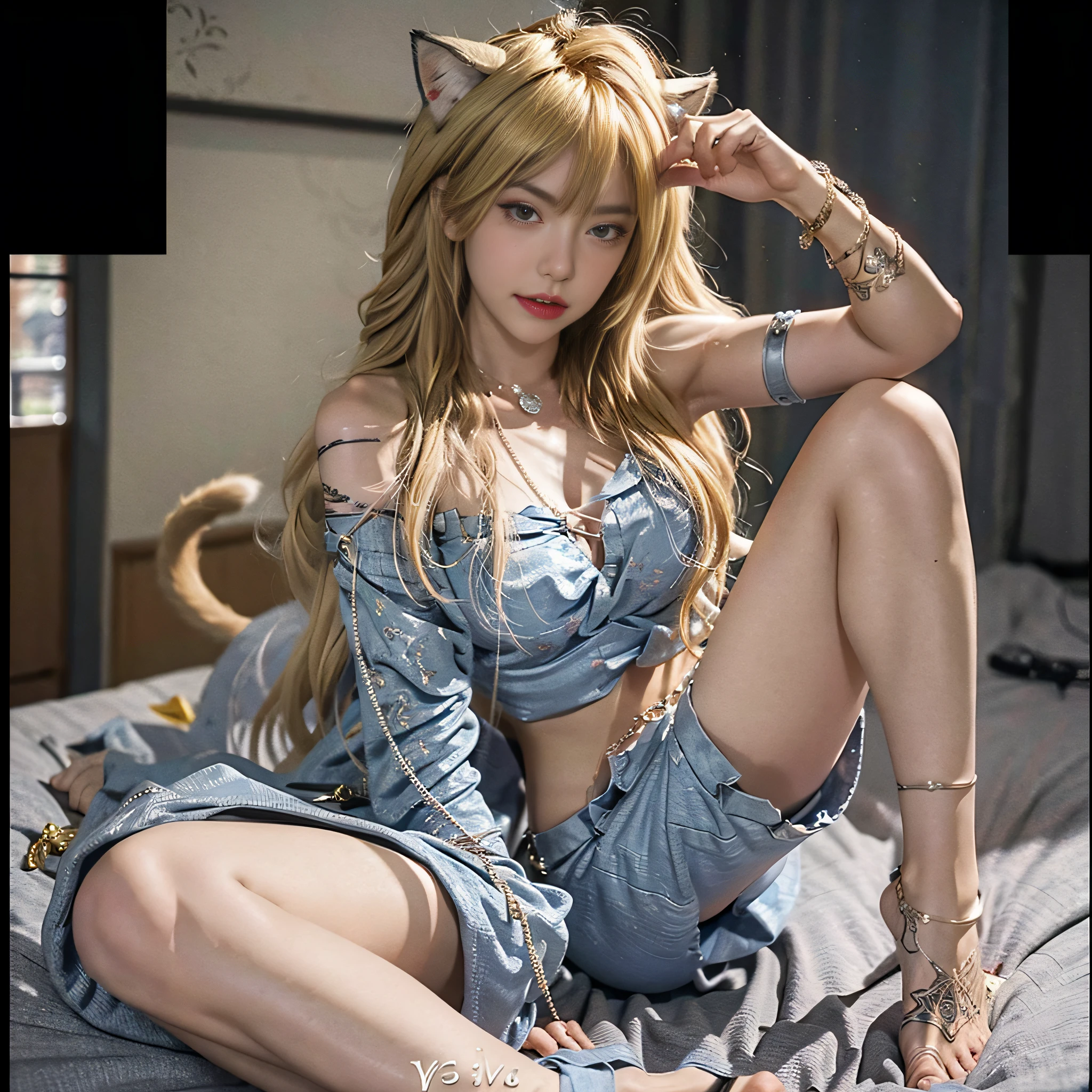Adult female, cat ears, blonde hair, blonde eyes, young, bracelet, necklace, tattoo, fangs, long hair, underwear, tattoo, full body, sword, tail, ankle ring
