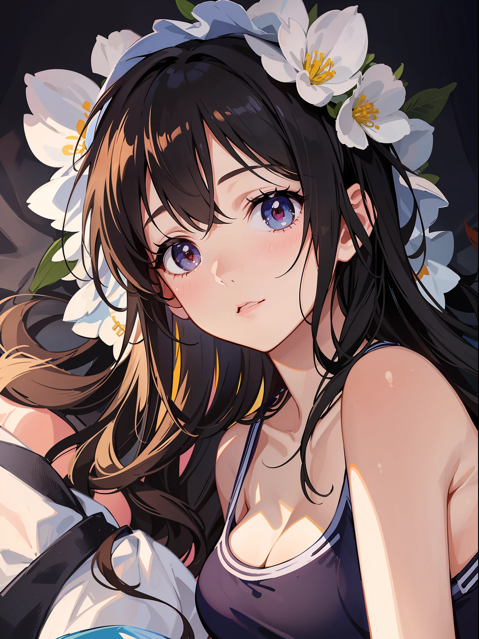 High resolution, top quality, super detail, fine detail, slender beautiful girl, school swimsuit, no blush, lying composition, lying down, club room, bite