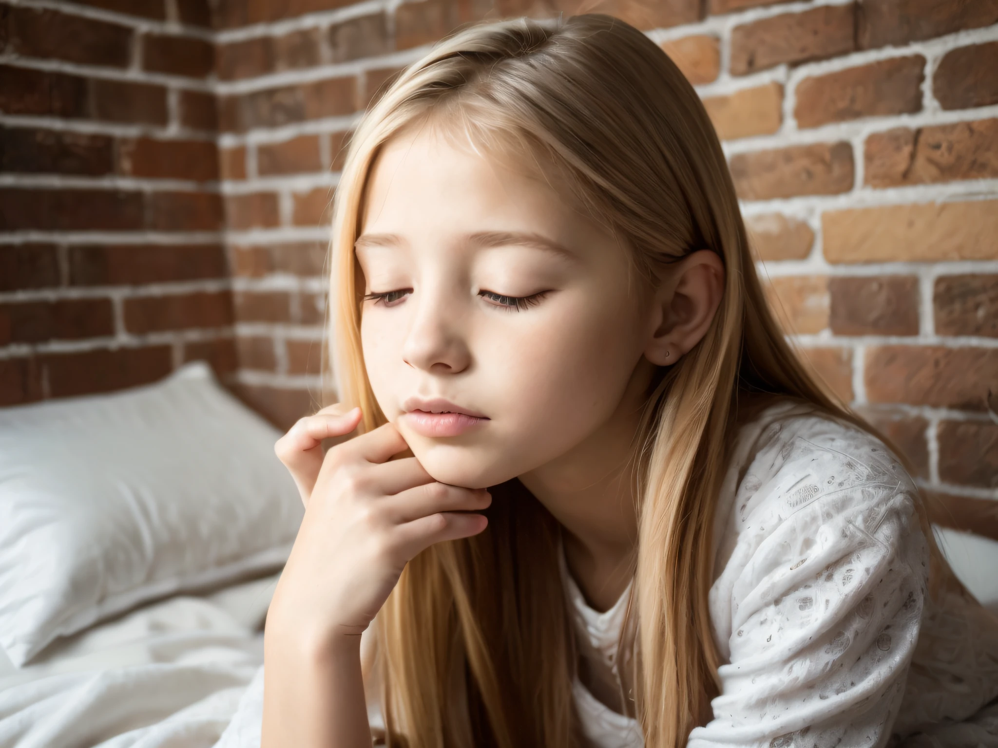 Portrait of a young girl of 14 years beautiful beautiful face perfect petit , she is happy, very beautiful Brazilian blonde, long blonde hair, praying eyes closed, in bed, (when humble, walls appearing the bricks, simple old house, old pillows, very blurred background, of course: 1.2)