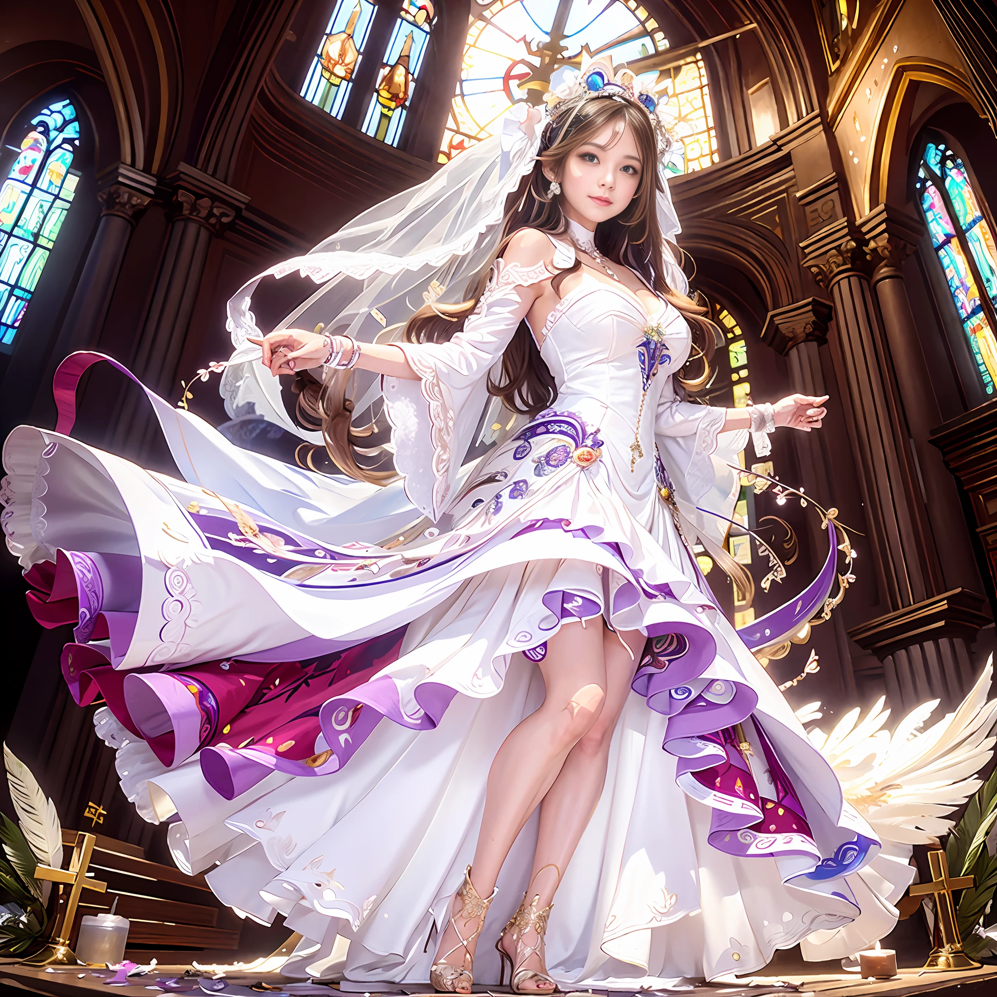 //style (Maximalism:1.5), BREAK //quality and charactor (realistic:1.6), super photo realistic illustration, highres, ultla detailed, absurdres, extremely beautiful bride, (white:1.7), (female bride:1.3), (white feathers:1.3), (full body:1.3), (girl white dress decorated many jewelries, ultra detailed white dress), (huge white dress:1.2), (ultra detailed white dress:1.3), beautiful long hair blowing in air, hair ornaments with jewelries, amethyst, lapis lazuli, emerald, turquoise, sapphire, topaz, (from below:1.1), //emotion (god bless you:1.5),smile, smiling, kind, content expression, satisfied, pleased, gratified, thoughtful expression, determined expression, purposeful, BREAK //background (detailed wedding background:1.4), (in the church:1.6), (depth of field:1.7), vowing, angel, angel, (angel ladder), flower petals, spiral, spiral staircase, BREAK //effect (colorful:1.2), blooming light effect, suspended moments, paper collage, layered compositions, varied textures, abstract designs, visual storytelling,