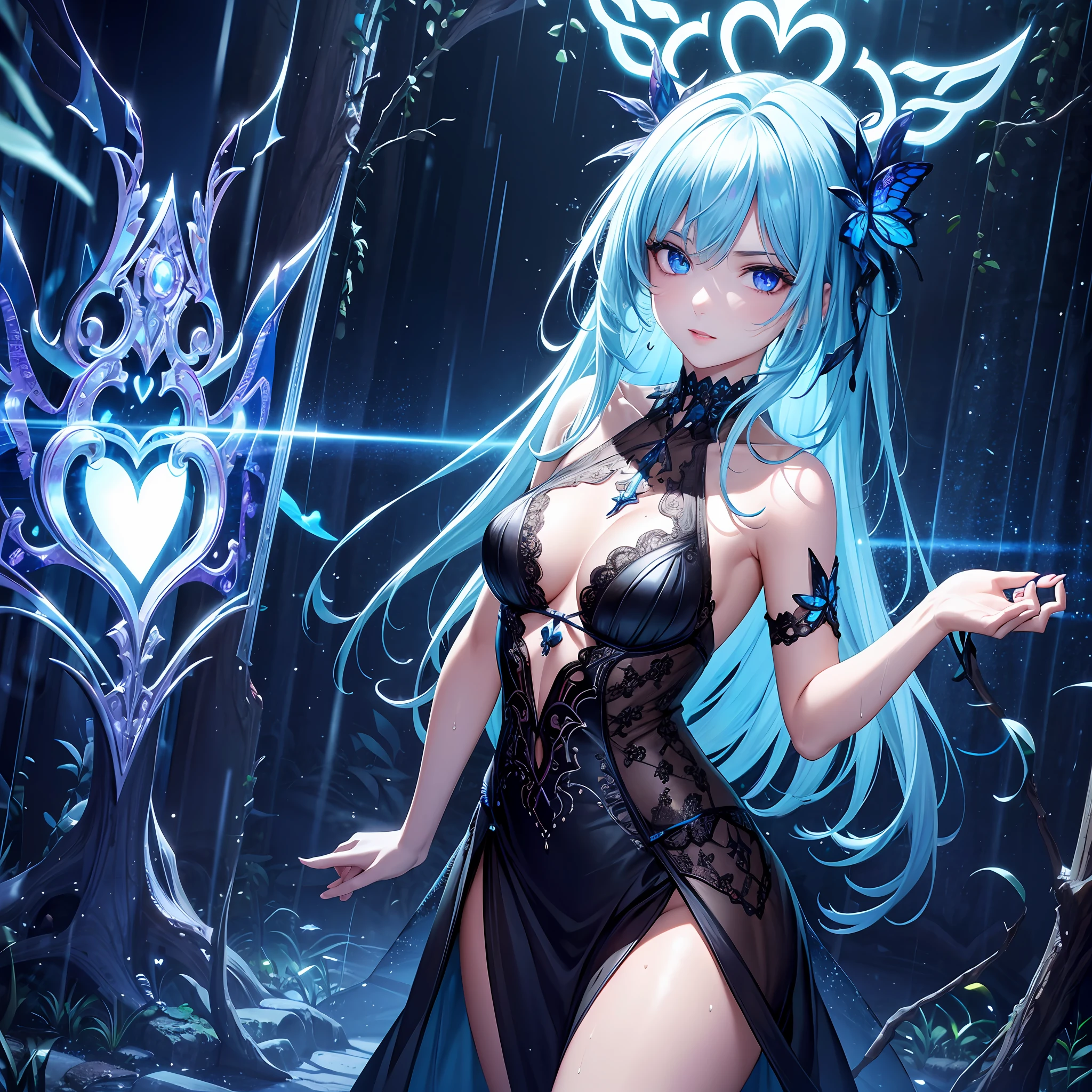 illustration, cinematic light, highres, highest quallity, ultra detailed, detailed face, (detailed eyes), best quality, hyper detailed, masterpiece, (detailed face), clean face, sexy mature woman wears transparent (torn) cloths, floating cloth, see through, choker, open cloths, nsfw, high heels, blue eyes, neon tiny glowing hair ends, dark fantasy forest, glowing plants with neon details, dark magic, (portal:1.15) to the underworld in the background, light reflection, heart shaped iris, playful eyes, open shoulder, rain, (wet body), tiny glowing butterfly, hair jewery