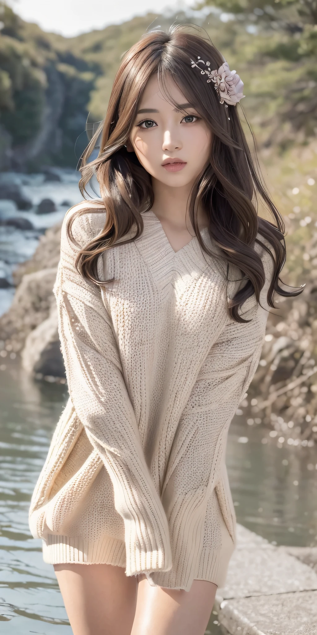 1 girl walking on the river, mix 4, sweater, pillow, lips, open mouth, realistic, photo_\(medium\), solo, stuffed animal, stuffed toy, teddy bear, (masterpiece), (photorealistic: 1.3), ultra detailed, (high detail) skin: 1.2), (best quality: 1.0), (ultra high definition: 1.0), (Orchan-6500: 0.3), wavy detailed hair, long hair, sunshine, (beautiful detailed makeup), (sexual arousal, blush, rough breathing: 1.0), studded flower themed petals, (soft glove room: 0.5), Japan women