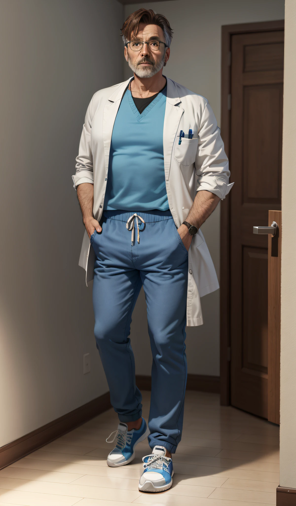 4k, realistic, very detailed, there is a man in the hospital, blue theme, soft clothes, brown hair, wearing doctor's pants, 45 years old, full body, wearing sneakers