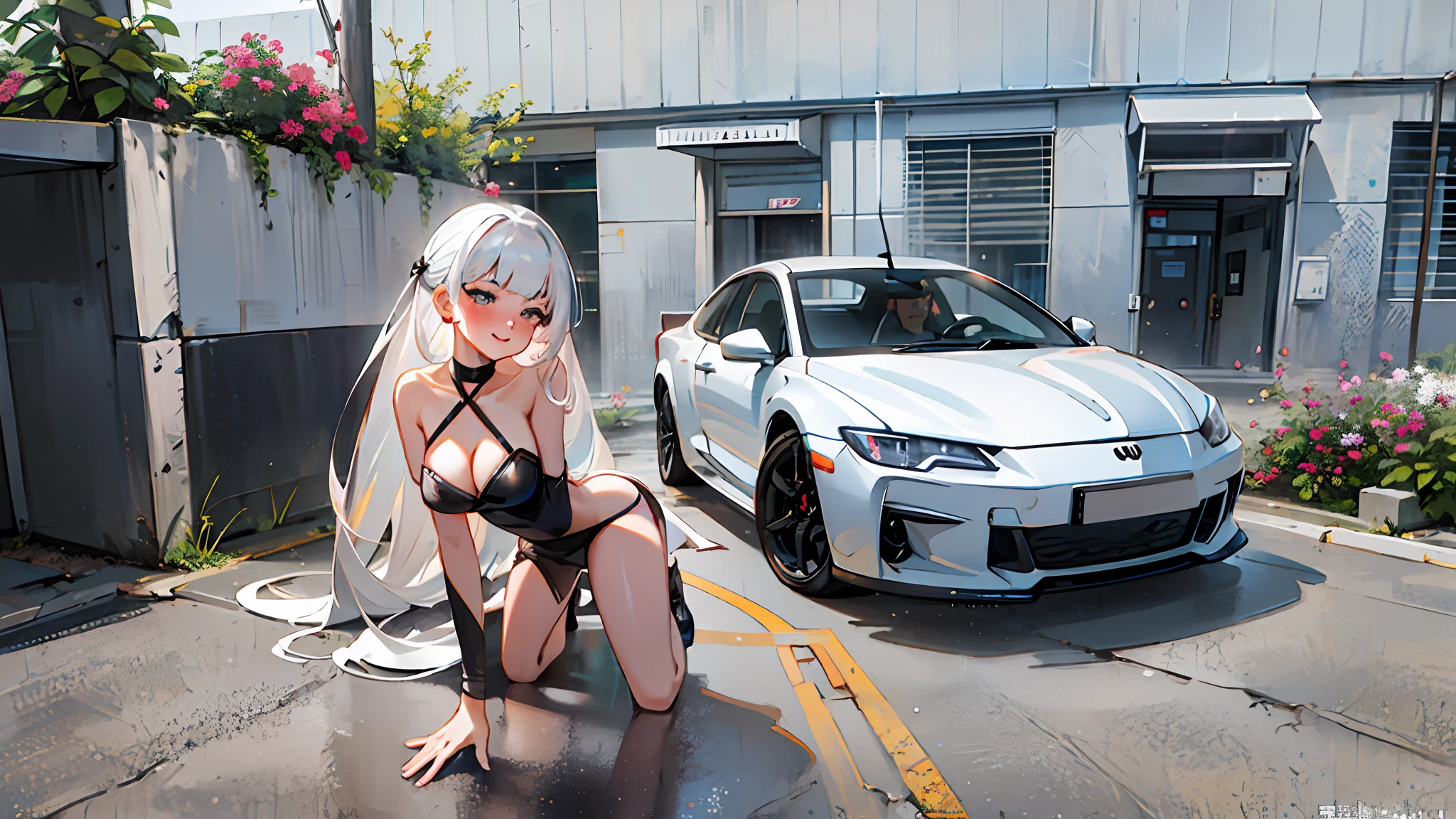 masterpiece,1girl,solo,white hair,long hair,bare shoulders,blush,bottomless,light smile, cleavage,closed mouth,collarbone, (top-down bottom-up) ,all fours,on car,street, car Audi RS7 2024 tuned by mtm