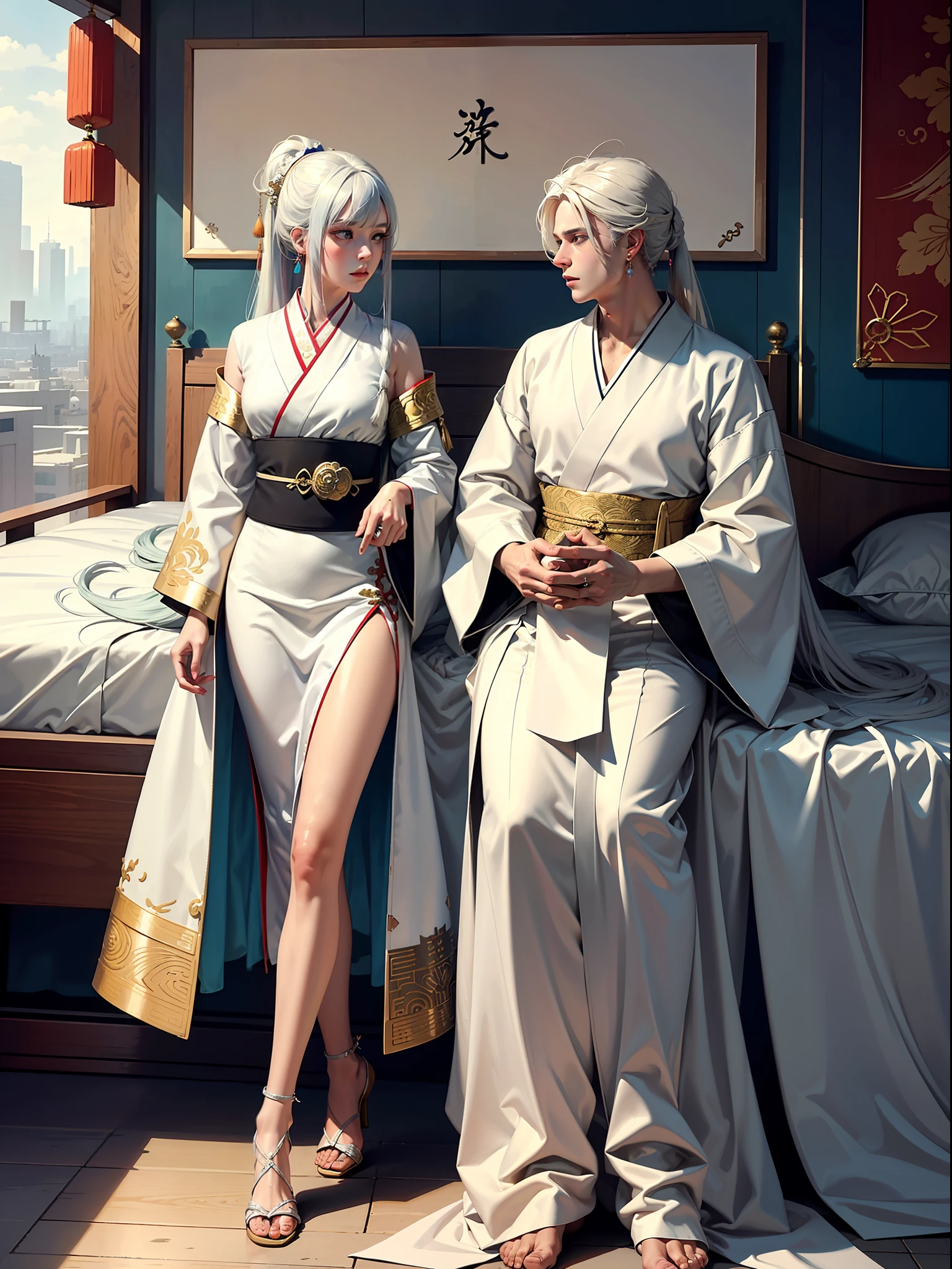 Concept Art, "1 Couple, Male Focus, Fin Ears, Multicolored Hair, Handsome Boy, Long White Hair, Tassels, Bangs, Carp, Colorful, Bold Colors, White Kimono, (Open) Kimono, Traditional Chinese Clothing, Close-up, Intimate Interaction in Bed, Stud Earrings, Rings, Sweat, Illuminate People", Colorful, Master Composition, Focus on Key Figures, Realism, Masterpiece, Award-Standing, Best Quality, Masterpiece, Ultra Detailed, 8K, Extremely Detailed CG Unity 8k wallpaper, complex, highly detailedrealistic