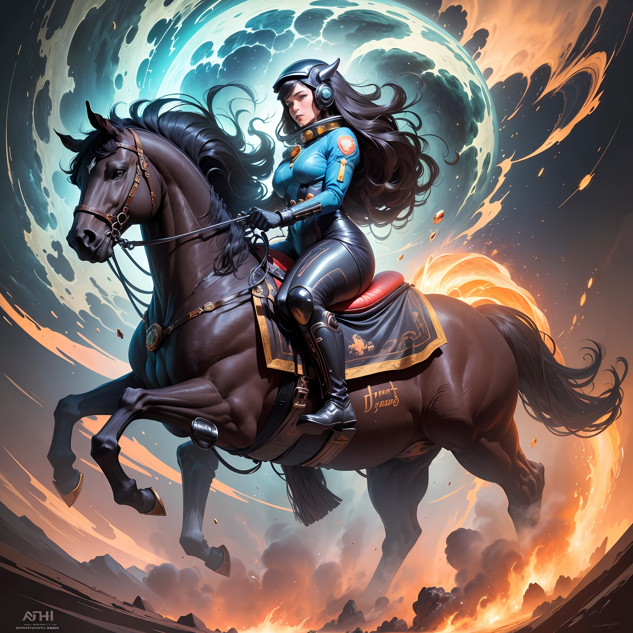 Highly (dynamic:1.2) scene art detailed (Apterus:1.2) cosmonaut on a horse, (fantastic amazing decoration:1.2), abstract beauty, explosive volumetric, Delightful anatomy, (fantastic horror perfect art, 64k ultra hd:1.1), (art by apterus, art by dan mumford:1.2) --auto --s2