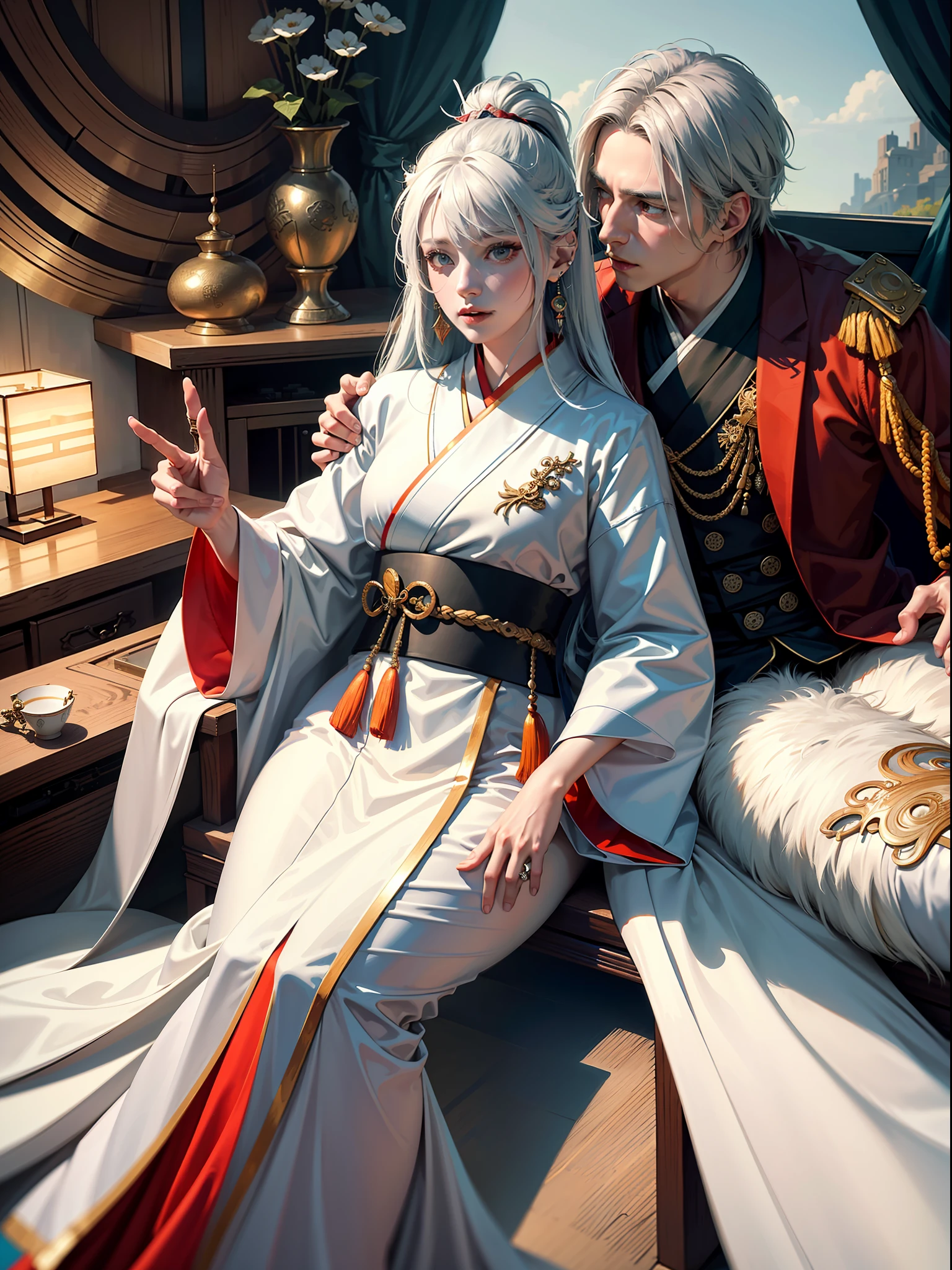 Concept Art, "1 Couple, Male Focus, Fin Ears, Multicolored Hair, Handsome Boy, Long White Hair, Tassels, Bangs, Carp, Colorful, Bold Colors, White Kimono, (Open) Kimono, Traditional Chinese Clothing, Close-up, Intimate Interaction in Bed, Stud Earrings, Rings, Sweat, Illuminate People", Colorful, Master Composition, Focus on Key Figures, Realism, Masterpiece, Award-Standing, Best Quality, Masterpiece, Ultra Detailed, 8K, Extremely Detailed CG Unity 8k wallpaper, complex, highly detailedrealistic