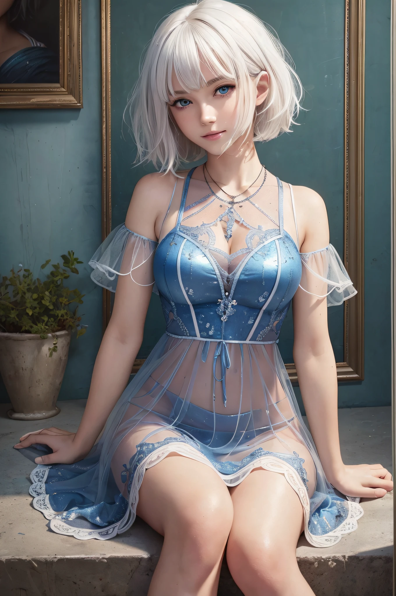 (RAW Photo: 1.2), (Photorealistic: 1.4), (Masterpiece: 1.3), (Best Quality: 1.4), Ultra High Resolution, (Detailed Eye Features), (Detailed Facial Features), (Detailed Clothing Features), HDR, 8k Resolution, Solo Focus, Bangs, Skin Tightness, Shiny Skin, (Slender Beautiful Girl), 18 years old, No Letters, Bob Hair, Short Hair, White Hair, Blue Eyes, One girl, see-through dress, (full body: 1.2), smiling
