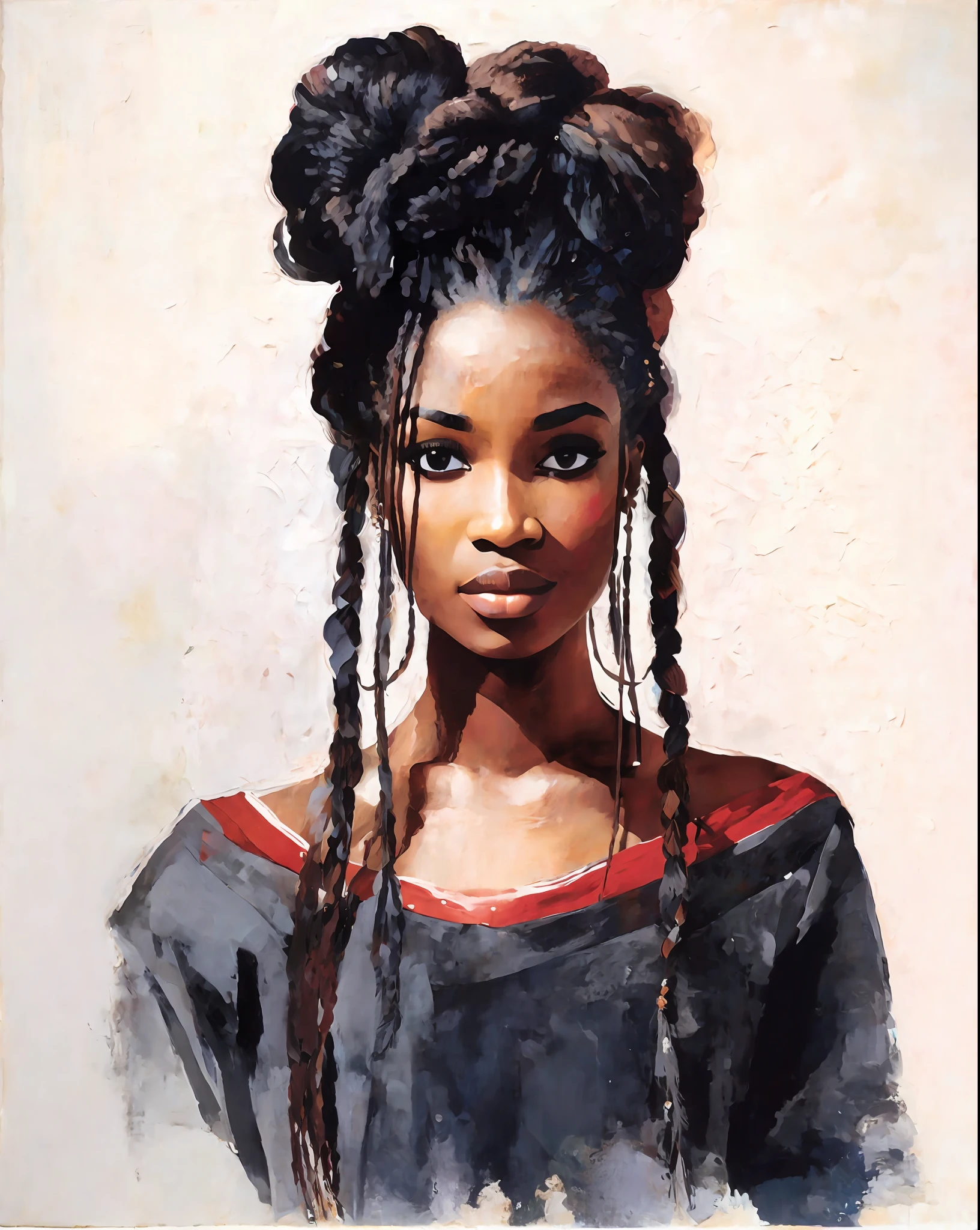collage beautiful Senegalese woman, portrait close half body, long blond hairs long v - neck, dressed in in Christian Lacroix style, collage in the style of dave mckean art vivid colors painted in stone showing the texture of thick oil paint strokes on the rustic canvas sharp focus vivd colors