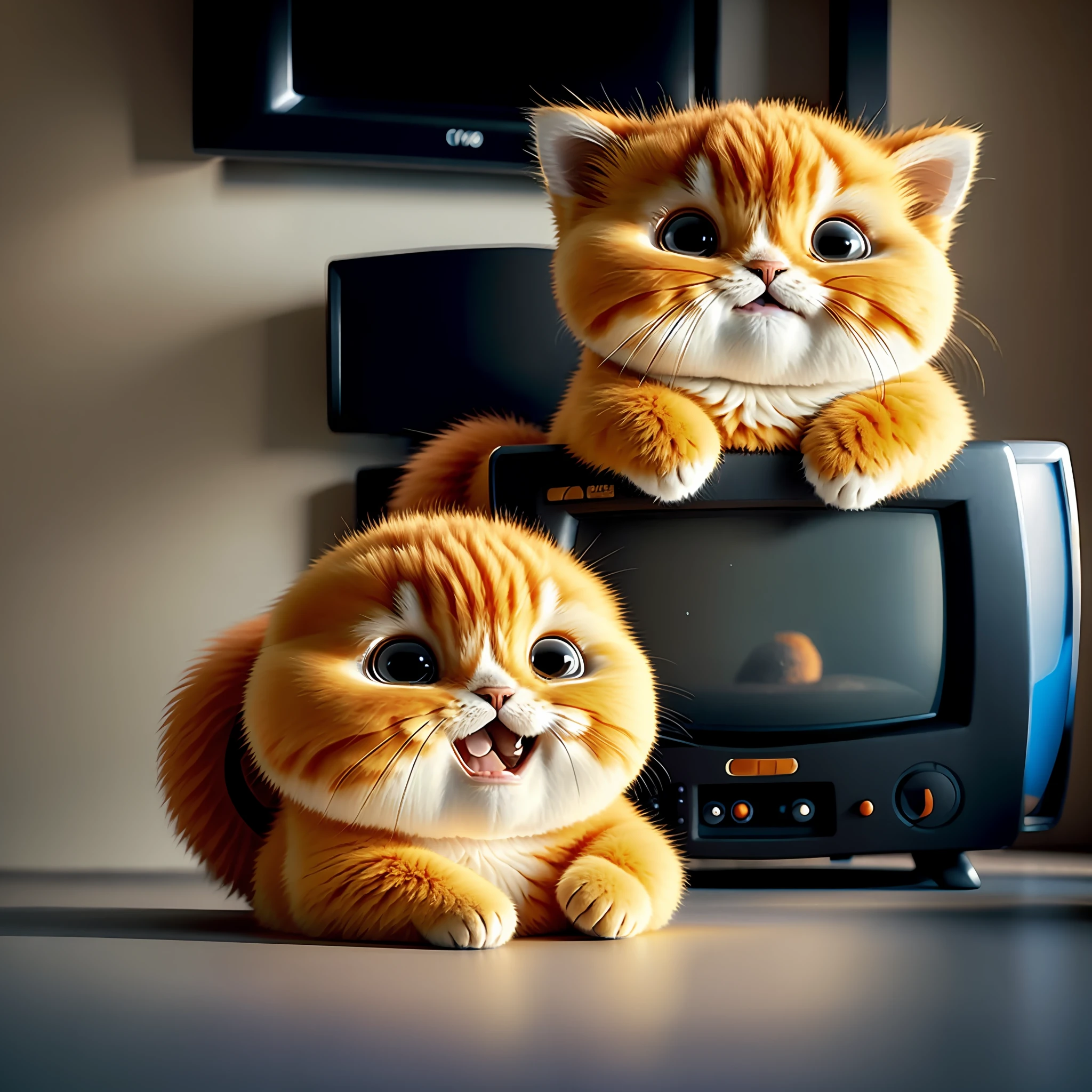 cat,orange,fat,garfield,no_humans,depth of field,disney style,wearing blue t-shirt,sitting back in a tv room,deep light shadow,(dark:1.4),(8k,RAW photo,best quality,masterpiece:1.2),great happy expression with mouth,open plan tv room
