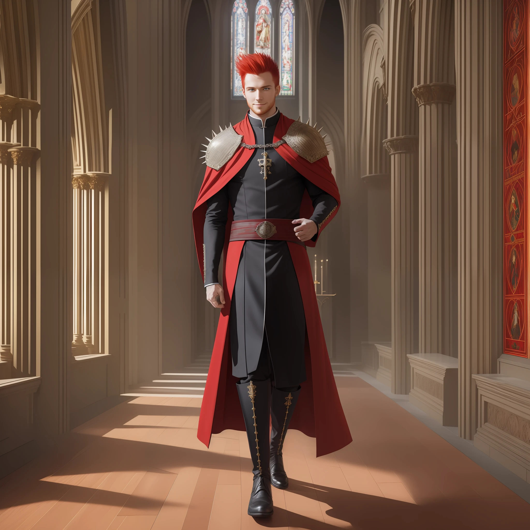 Masterpiece, best quality, realistic and perfect image, film photograph of a man (inside a church)with red hair, straight and spiky.red eyes, fair skin, Machiavellian smile, rectangular face and wearing a black priest's outfit. Full body