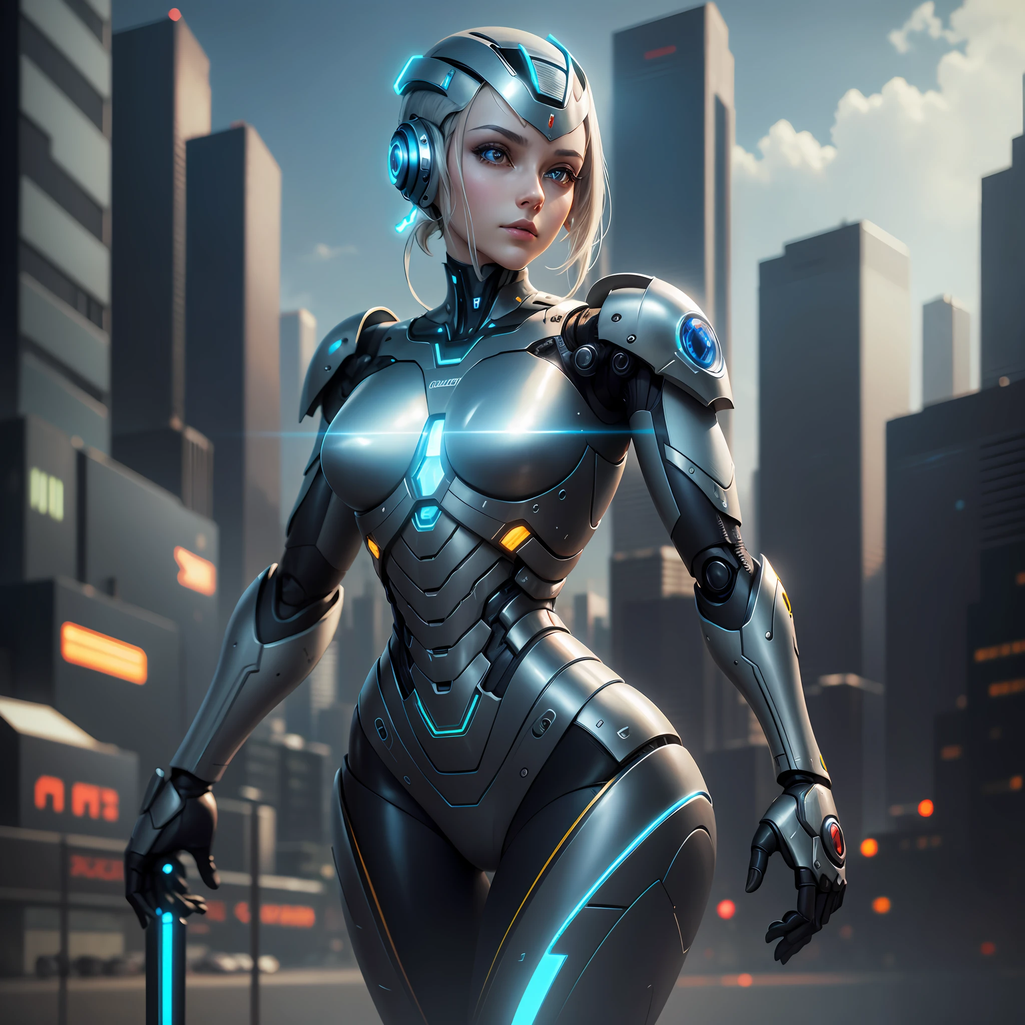 realistic photography, solo, full copor, depth, best quality, a humanoid robot, with human parts, bright eyes, shiny armor, slim body, cyberpunk style, neuras colors, realistic, 8k, HDR, human body.