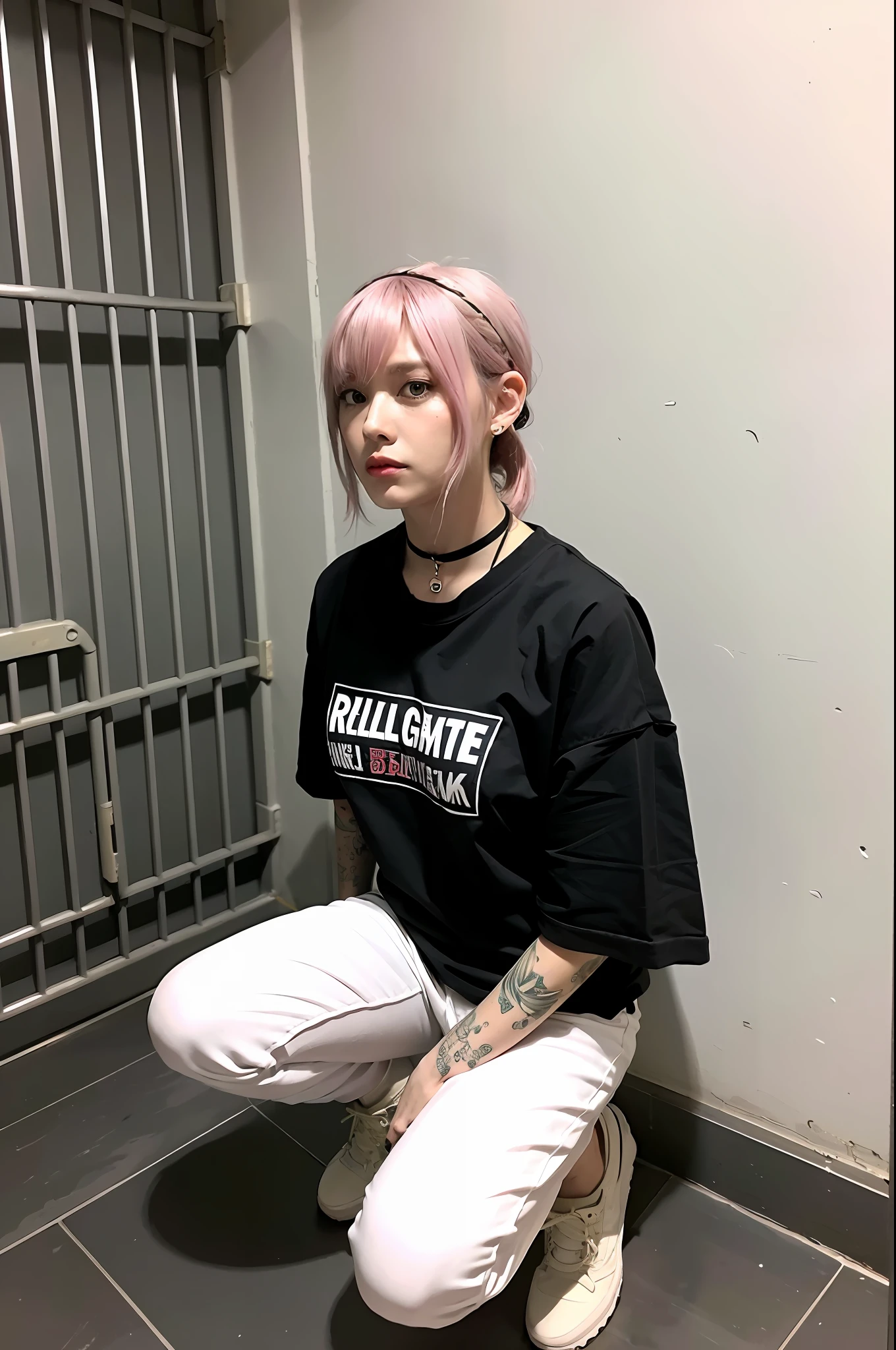(8k:1.27), best quality, masterpiece, ultra highres:1.2), arrested lesbian goth delinquent girl with arm tattoos, tattooed girl, full body picture, red oversized knotted prisoner t-shirt with black letters, short big sleeves, red inmate prison uniform, white short inmate pants tied with a rope, dyed pink hair, short bob hairstyle, high ponytail, hair bangs, kneeling in a prison cell, handcuffed, hands tied with rope behind body, submissive neck choker and leash in neck, 4k or 8k picture, looking down sad, paisley bandana ribbon hairband, nose septum piercing, wearing dirty old clothes, smelly, barefoot, praying