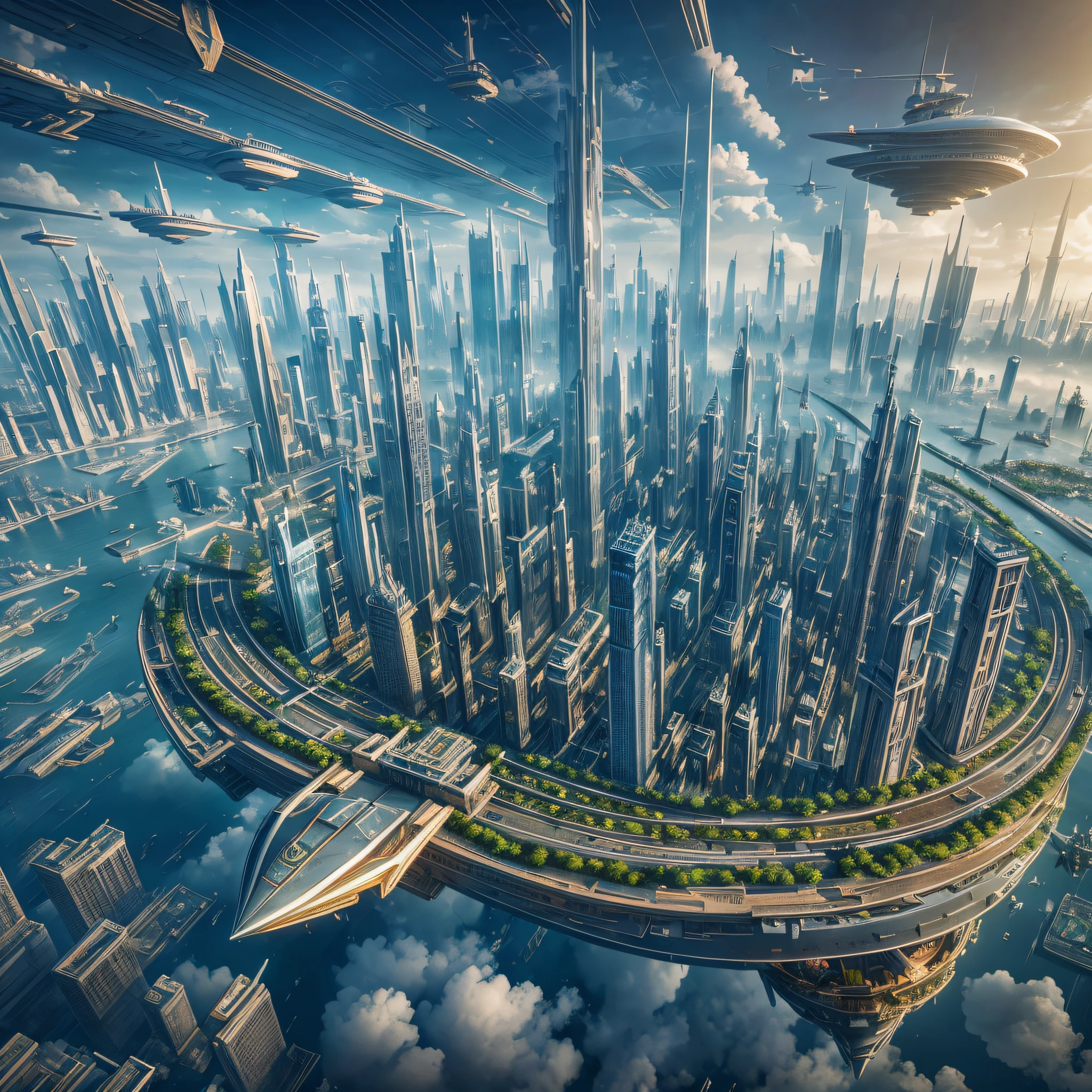 "Floating City": An ethereal metropolis suspended in the clouds, with towering skyscrapers, intricate bridges, and airships gliding between buildings, Surrealism, color field printing, high detail, UHD, 8k, anatomically correct, cinematic lighting 4d quality --auto --s2