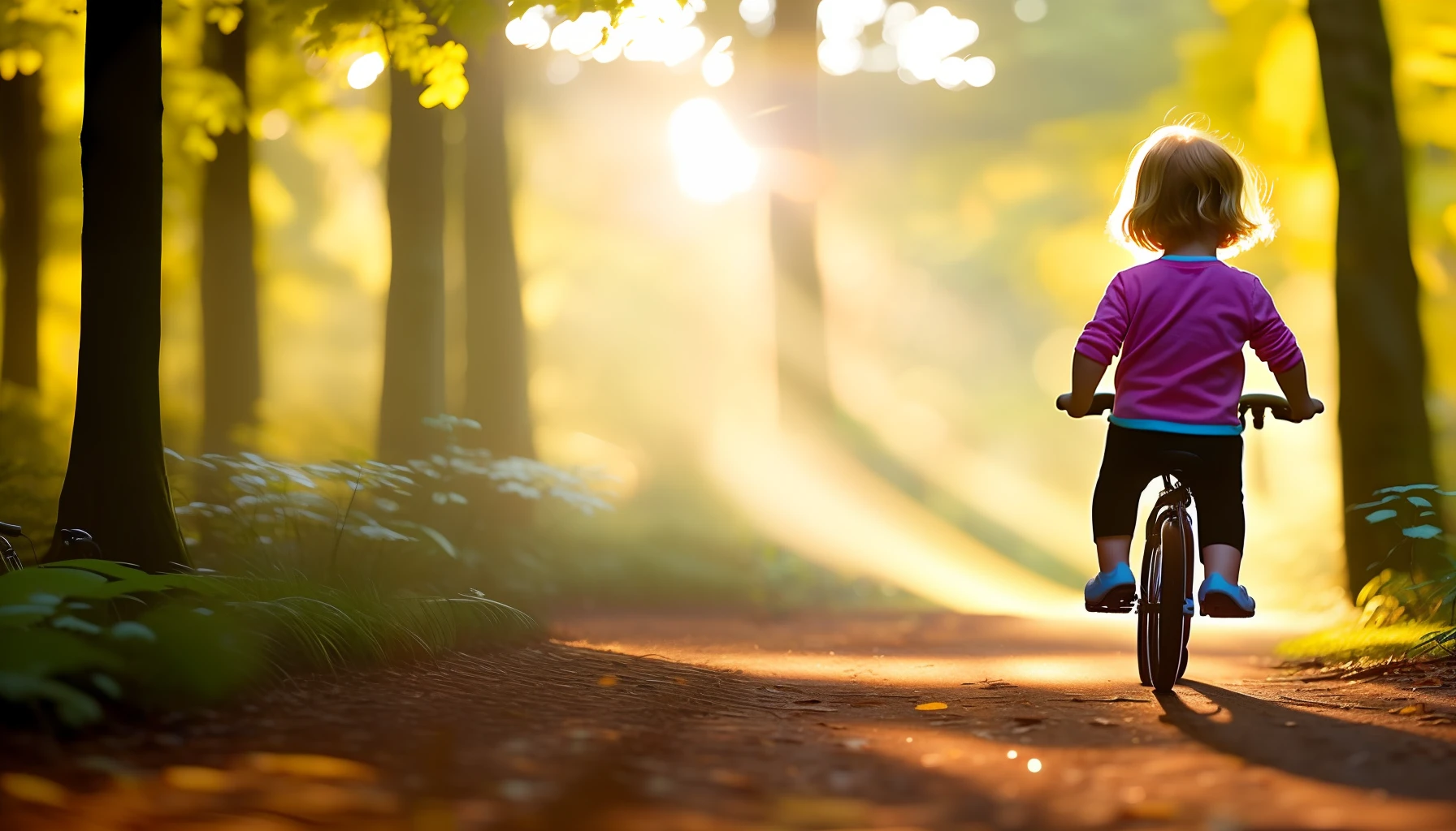 close-up photo of a cute child pedaling in the woods, soft volumetric lights (backlighting: 1.3), (cinematics: 1.2), intricate details (ArtStation: 1.3), Rutkowski