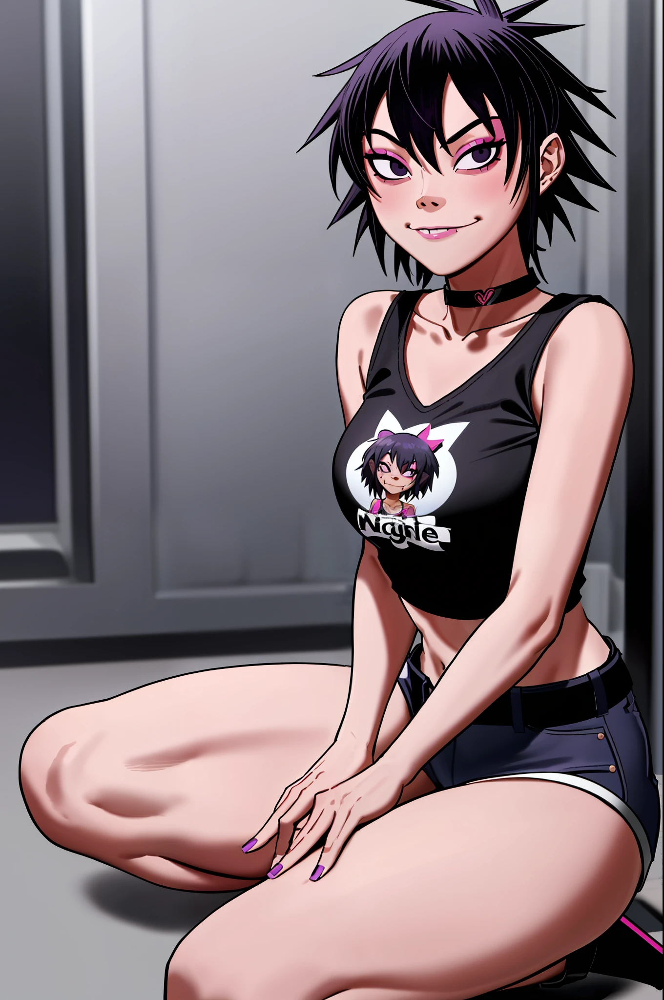 noodle (gorillaz), masterpiece, best quality, hair between eyes, purple hair, choker, belt, blush, looking at viewer, bangs, fishnets колготки, black and white colour striped shirt, taking off shirt, solo, blue hair, makeup, short hair, portrait, black eyes, small breasts, sexual expression, seductive smile, hair covering eyes, high heels, 5 fingers, hands on breasts, sitting on knees, breasts tease, detailed music studio background, denim shorts, detailed tummy, pink eye shadow, sfw, декольте