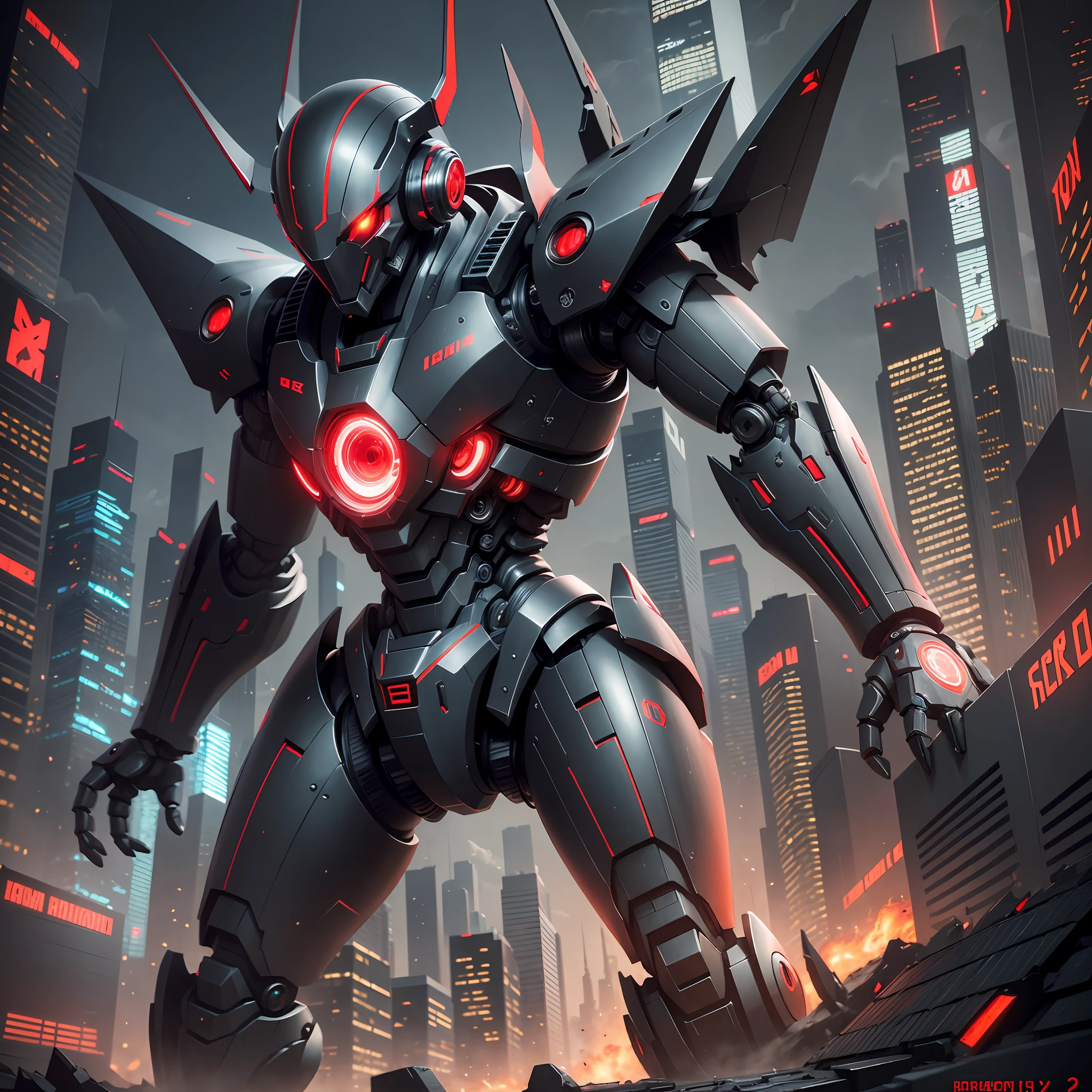 Robot, Red Eyes, Black Theme, City, Glowing Eyes, Solo, Lord, Night, Best Quality, Highly Detailed, Ultra Detailed, Masterpiece, 8k Wallpaper, Bad Anatomy, High Resolution, Super Fine Illustration, Game CG, (Black Light: 1), Command Spells, Mechanical Parts, Robot Joints, Headgear, Fully Armed, Mecha, Mask --auto --s2
