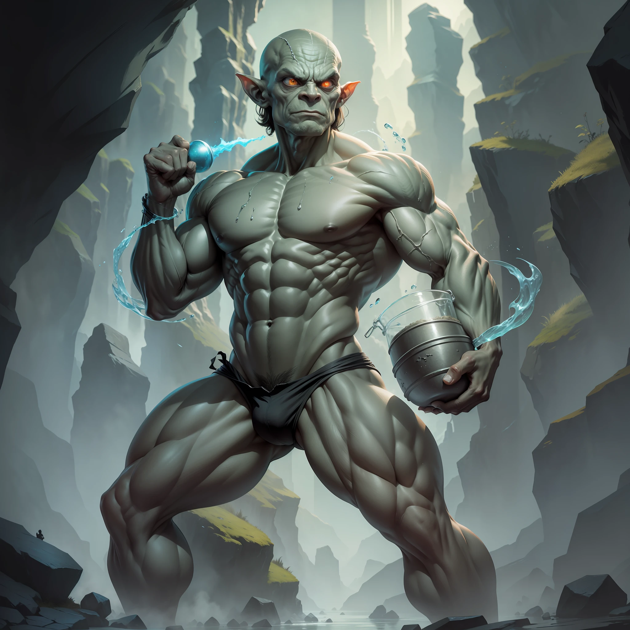Gollum as a bodybuilder, Lord of the Rings franchise, muscles, flexing muscles, ripling muscles, dark cave, dim cave, stone gym equipment, stone weights, fish in a blender, fish in a cup, movie poster