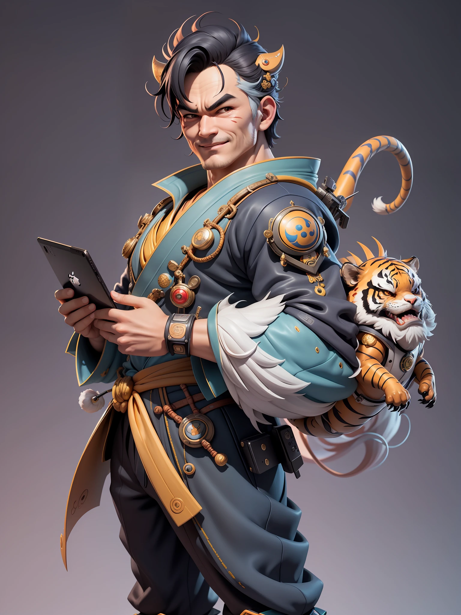 (Masterpiece), (Excellent), (Super Meticulous), (Full Body: 1.2), Super Young Man with Japanese Female Geisha, Beauty, Chinese Dragon, Tiger, Wind God Thor, Sexy, Bursting, Oriental Face, TV Anchor, Bust Portrait Illustration, Black Suit, Blue Tie, Slightly Chubby, Very Clean Face, No Beard, Black Super Short Hair, Black Eyes, Confident Smile, 3c Computer Sub-Products, iPad, iPhone, Digital Painting, 3D Character Design by Mark Claireden and Pixar and Hayao Miyazaki and Akira Toriyama, The illustration is a high-definition illustration in 4K resolution with very detailed facial features and cartoon-style visuals.