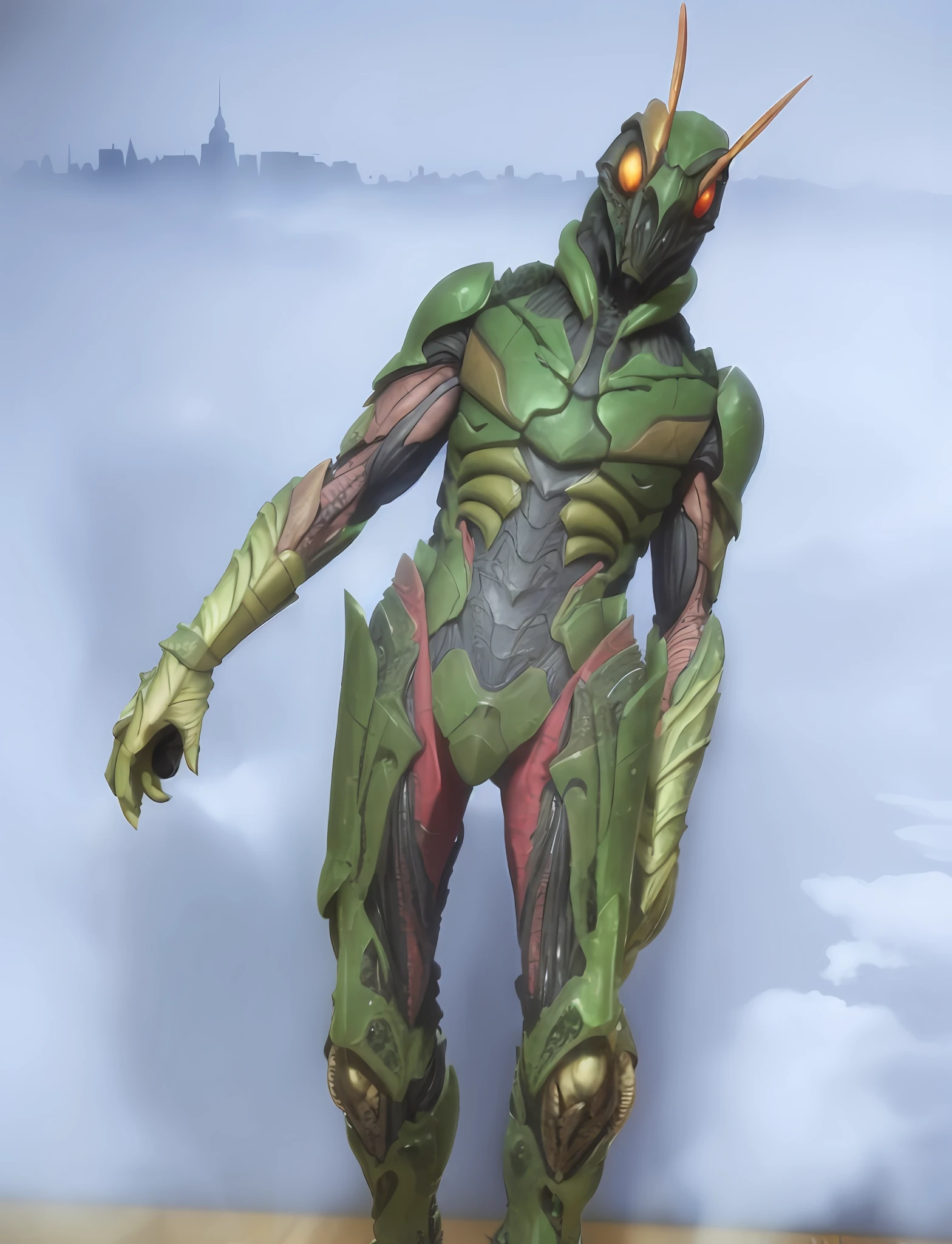 ((highest quality)), ((masterpiece)), (Details:1.4), 3D, close-up of black green and red flying locust creature, insect, guyver style, guyver, guyver dark hero, insect warrior, alien in the form of flying locusts, super detailed flying alien, insect cyborg, drooling from mouth, overall darkened skin, Ugly details, sharp claws, rough skin feeling, HL, Ray Tracing, NVIDIA RTX, Super Res, red muscle tissue exposed, degraded scarf on neck, giant insect eyes, foggy and night urban background, HL, Ray Tracing, NVIDIA RTX, Super Resolution, Unreal 5, Subsurface Scattering, PBR Texturing, Post Processing, Anisotropic Filtering, depth of field, maximum clarity and sharpness, multi-layer textures, albedo and specular maps, surface shading, accurate simulation of light material interactions, octane rendering, two-tone lighting, large aperture, low ISO, white balance, rule of thirds, 8K RAW, circuit board AI, 4K, fog, night city background,