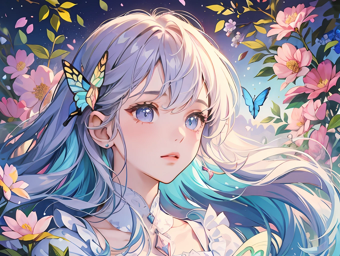 (Best Quality, Masterpiece), 1girl, Pose, Particle, Wind, Flower, Bust, Pastel Colours Scheme, Looking at the Audience, Flower Fairy, Forest, Butterfly, Delicate Facial Features