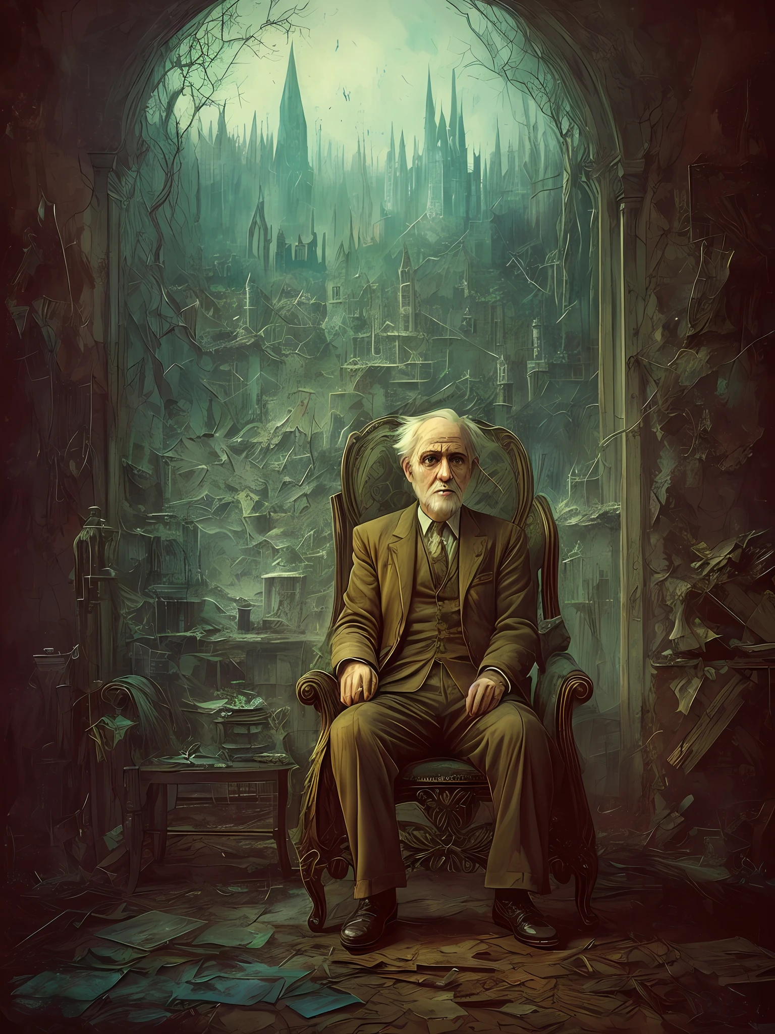 ruin, ghost, psychic photo, old man in a chair, complex horror background, intricate details, art, closeup, painting, detail, cartoon, movie shot, fantasy, low saturation, vignette, [HDR], dark, dark, creepy, monotone