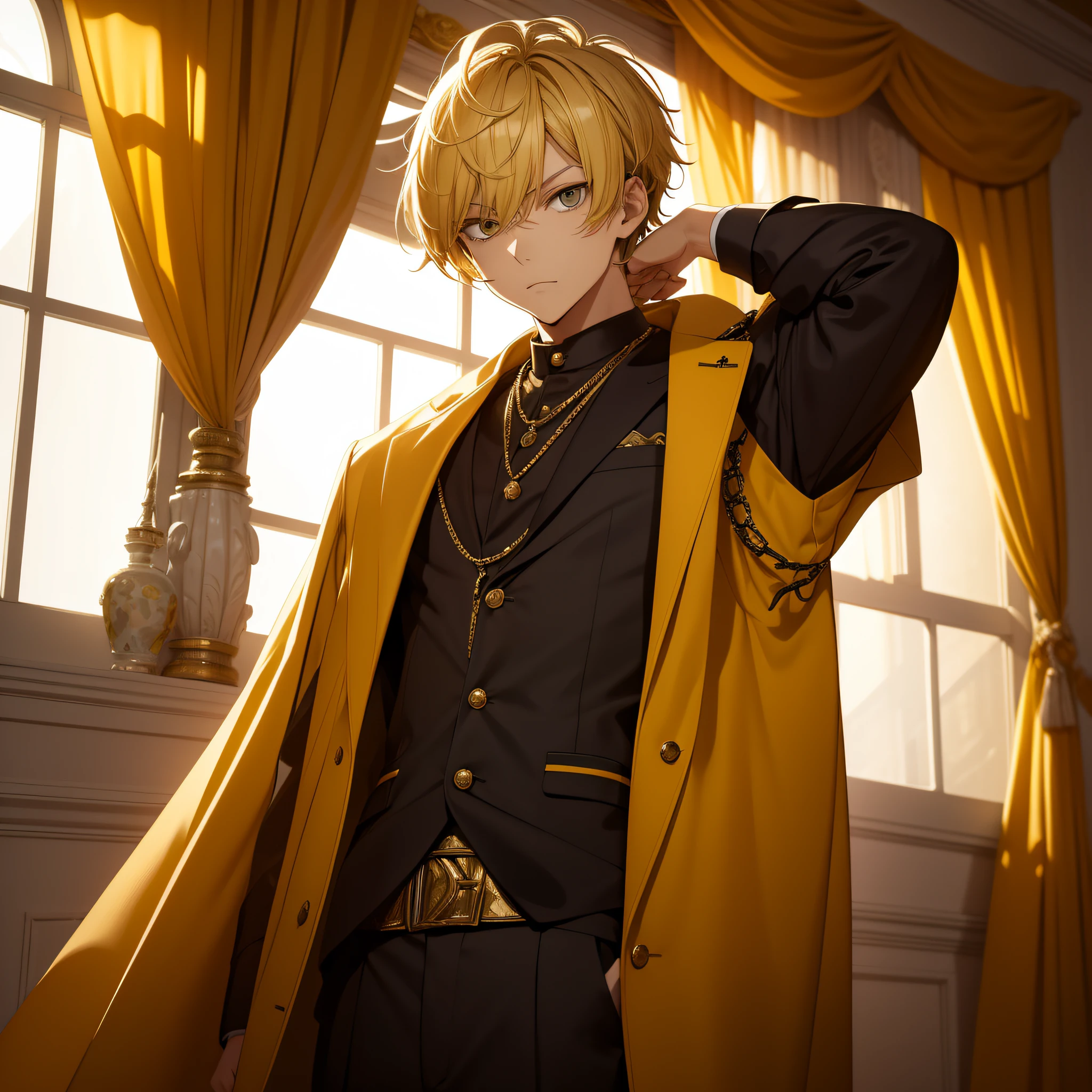 Absurd resolution, high resolution, (masterpiece: 1.4), hyper-detail, short yellow young man hair, fashionable clothes, spooky room, open curtains, scary expression
