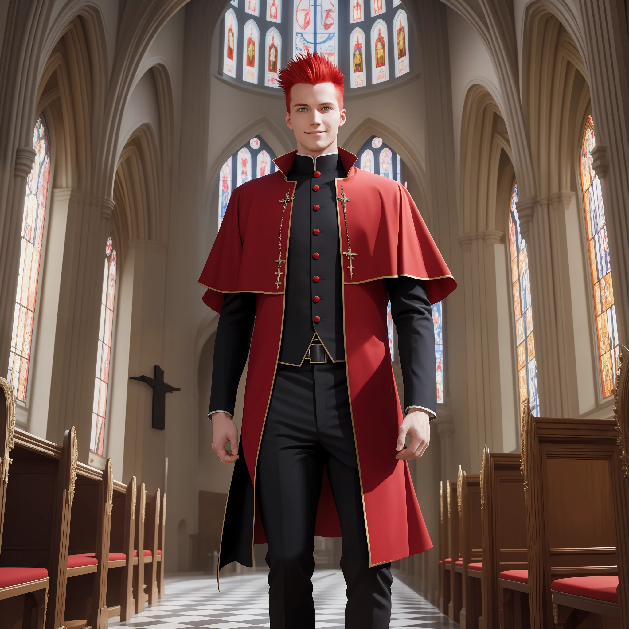 Masterpiece, best quality, realistic and perfect image, film photograph of a man (inside a church)with red hair, straight and spiky.red eyes, fair skin, Machiavellian smile, rectangular face and wearing a black priest's outfit. Full body