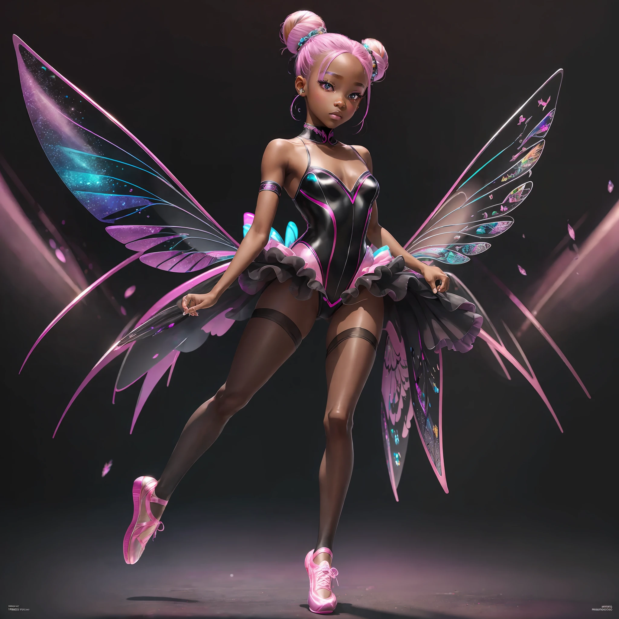 Masterpiece, best quality, ultra definition, ultra colorful, vivid colors, artwork, best definition, realistic, perfect skin, black ballerina fairy, 19 years, full body, pointe shoes, tiptoe, ballet outfit pink, baby pink, black skin, black skin, on the tips of the feet sneaker, full body, pink hair, bun, candy landscape in the background, transparent wings, gray eyes.