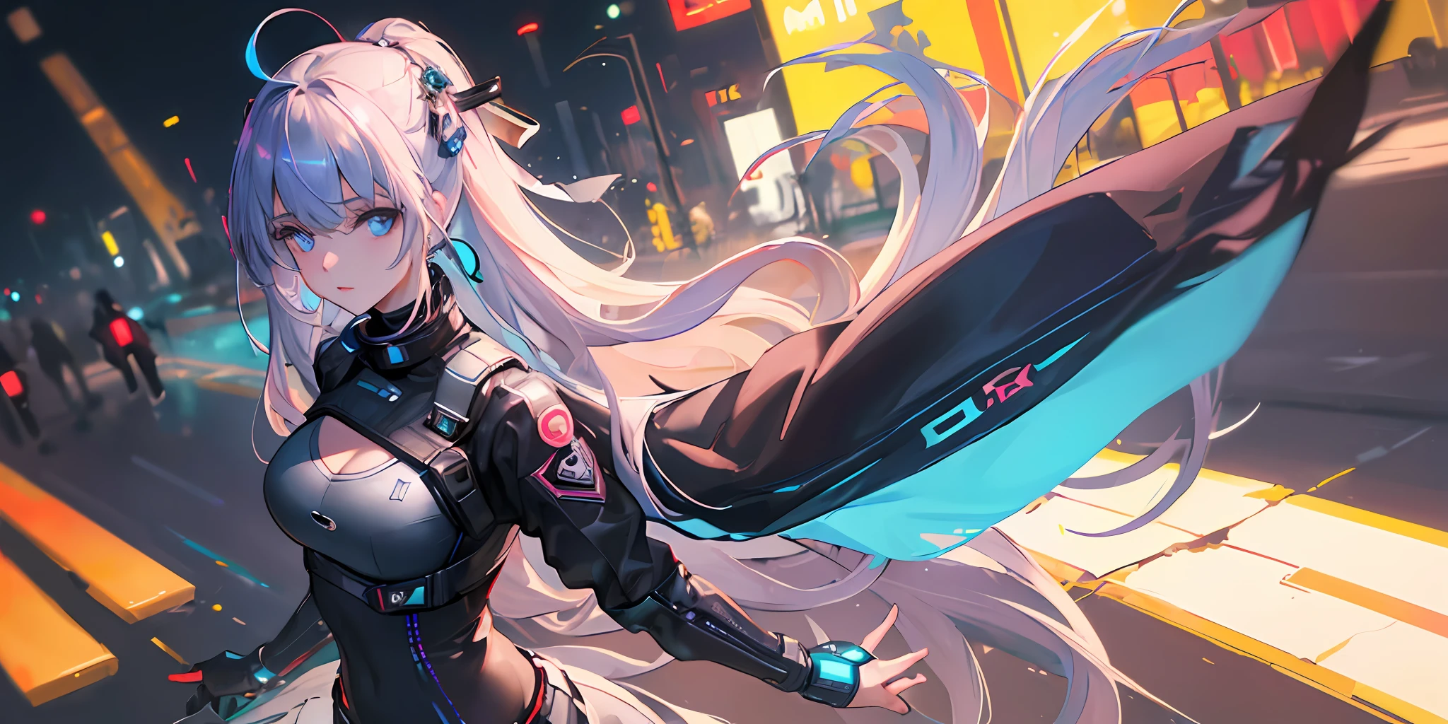 (masterpiece:1.5),(best quality:1.5),(ultra-detailed:1.5),illustration,(1girl:1.5),(solo:1.5), cyberpunk 2077,cityscape,concept art,nightcity,anime,lora,cowboy shot,perfect face,lustrous skin,long hair,beautiful detailed eyes,beautiful flowing hair,(holographic),(holographic clothing:1.2),(bloom),lighting, ray tracing,outdoors,neon lights, light particles,absurdism,hair ornament, hair ribbon,looking at viewer,ahoge,large breasts, (deep depth of field:1.5),