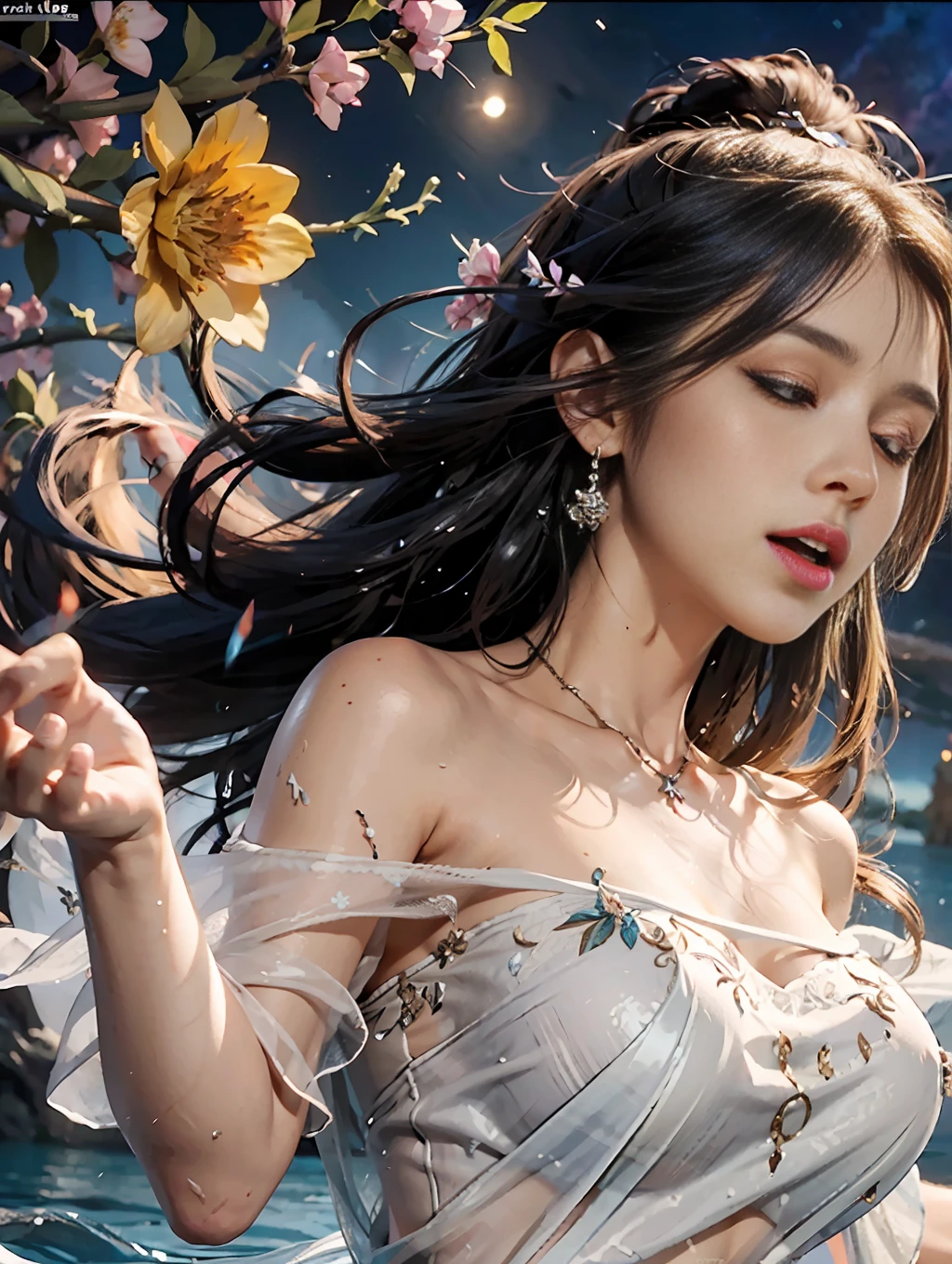 Vast background photo, half body shot, super detail of concept art, 38 year old beauty, singing with both eyes closed, singing passionately, cinematic, simple clothing, insanely detailed, sharp focus, night, vast background, lots of flowers dancing, water, lake, nebula