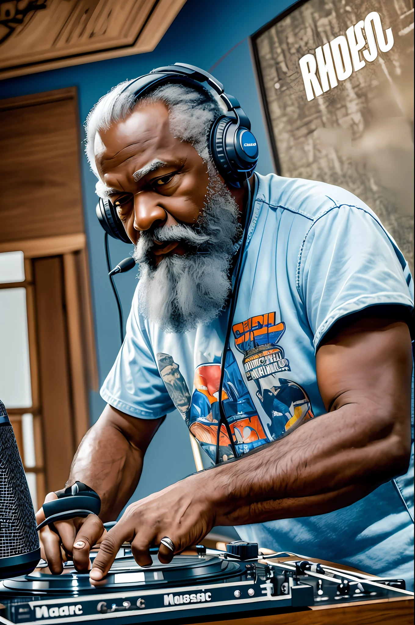 ((best quality)), (super detail)), ((masterpiece)), photo, scene: equipped radio studio, theme: character: old buffalo, appearance: DJ with beard, headphones and microphone on a stand, action: dancing, facial expression: expressive, holds vinyl records, bright T-shirt, blue jeans, white sneakers, perspective: 4K. --auto --s2