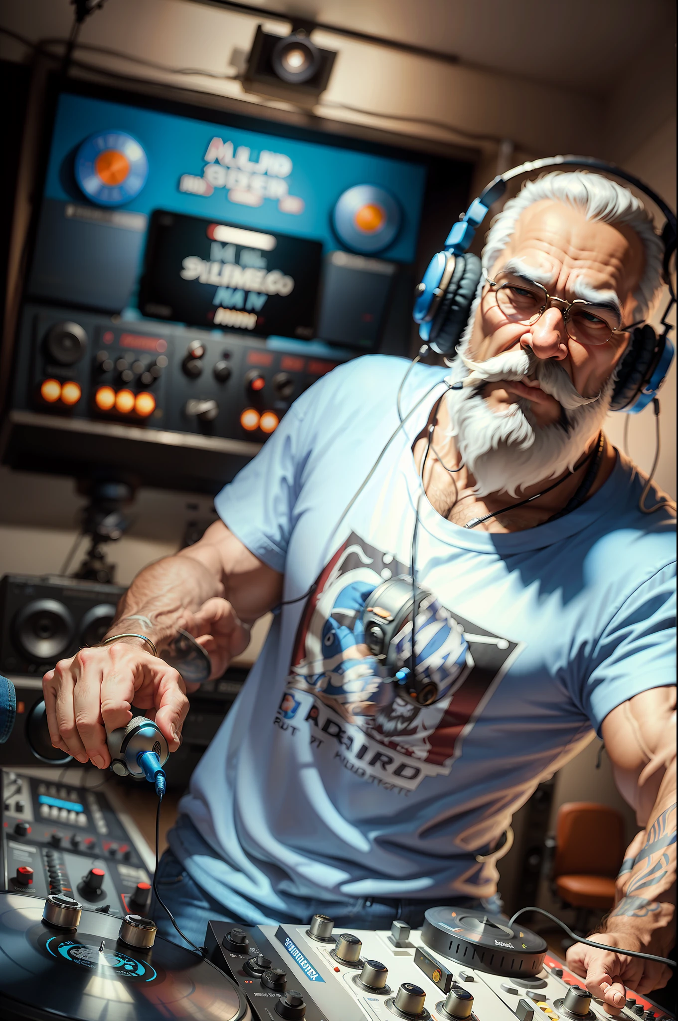 ((best quality)), (super detail)), ((masterpiece)), photo, scene: equipped radio studio, theme: character: old buffalo, appearance: DJ with beard, headphones and microphone on a stand, action: dancing, facial expression: expressive, holds vinyl records, bright T-shirt, blue jeans, white sneakers, perspective: 4K.