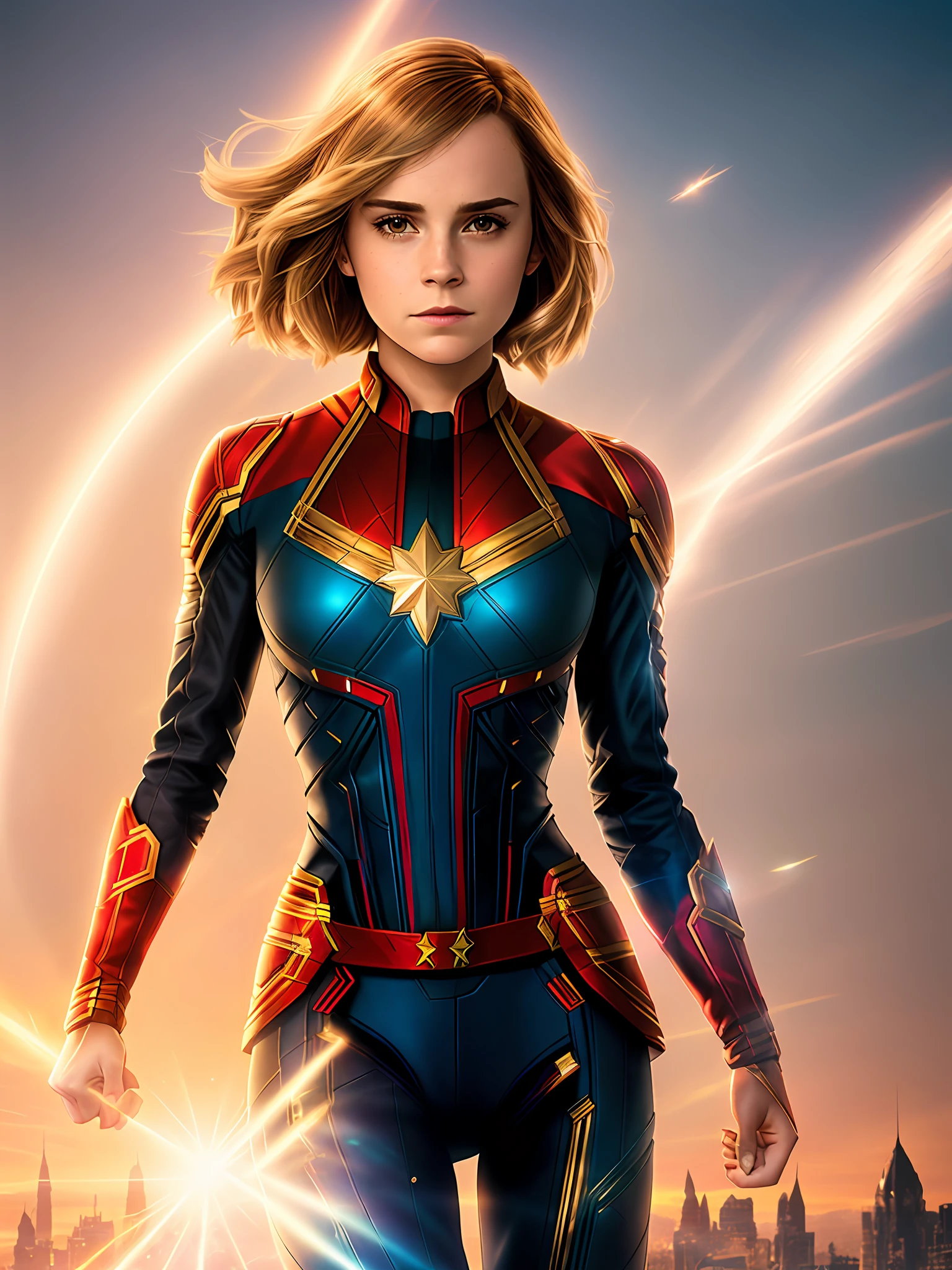 Emma Watson as Captain Marvel, full body, soft lighting, dynamic angle, realistic lighting, photo by Robert Adams, (natural skin texture, hyperrealism, soft light, sharp: 1.2), (intricate details: 1.12), ((photorealistic 1.4)), hdr masterpiece, best quality, (highly detailed photo: 1.1), 8k, photorealistic, (SFW)