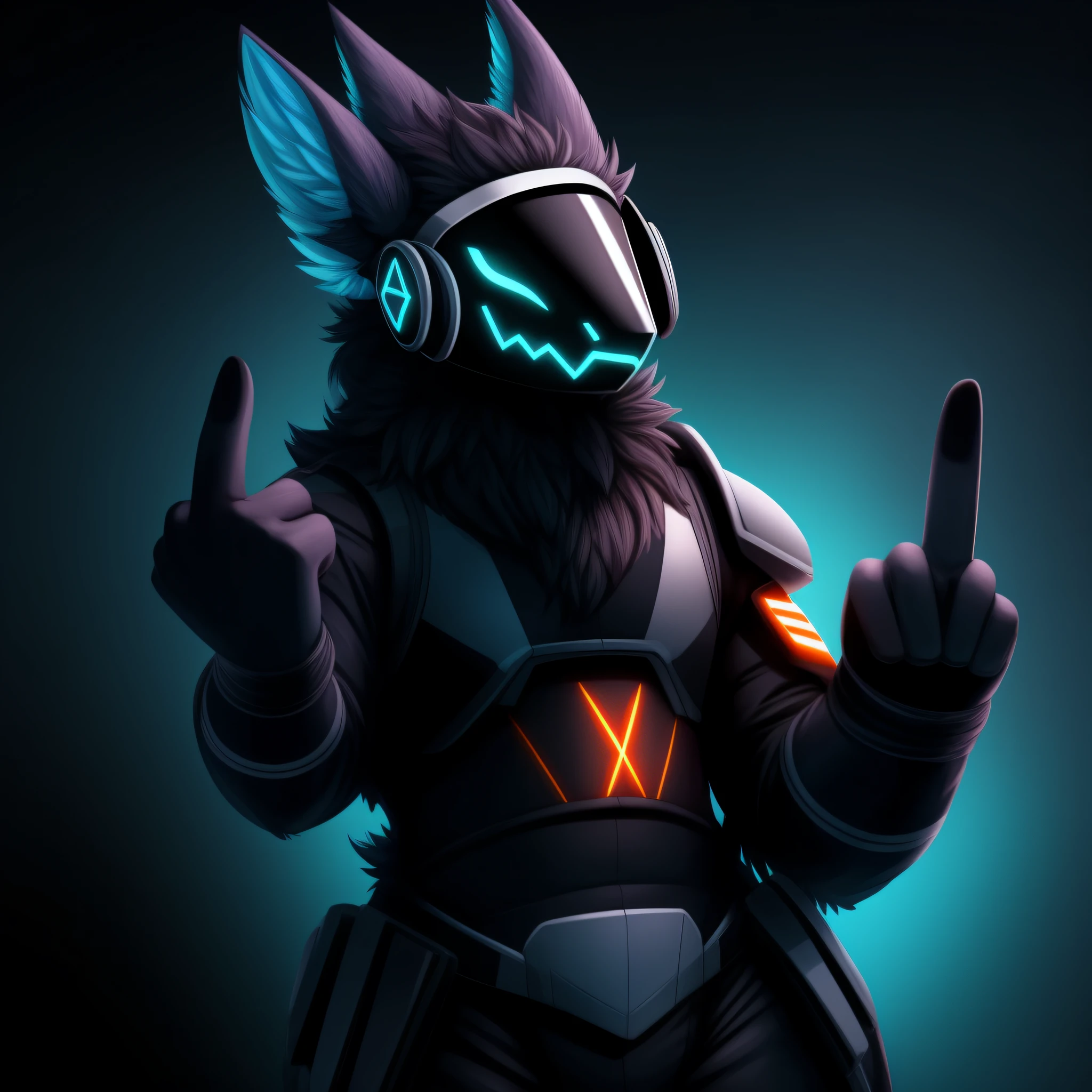 (masterpiece), ultra-detailed, high resolution, cynical Protogen, with a fierce expression, showing his middle finger to the camera, high contrast, dark background, sci-fi setting,(Portuguese language)