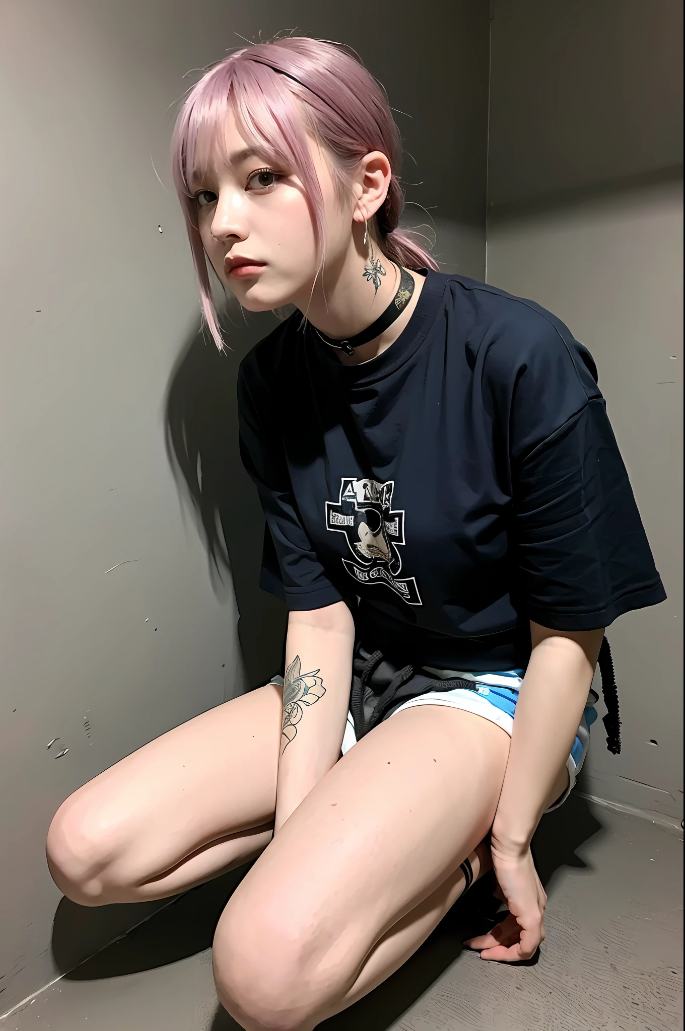 (8k:1.27), best quality, masterpiece, ultra highres:1.2), arrested lesbian goth delinquent girl with arm tattoos, tattooed girl, full body picture, blue oversized knotted prisoner t-shirt with black letters, short big sleeves, blue short inmate pants tied with a rope, dyed pink hair, short bob hairstyle, high ponytail, hair bangs, kneeling in a prison cell, handcuffed, hands tied with rope behind body, submissive neck choker and leash in neck, 4k or 8k picture, looking down sad, paisley bandana ribbon hairband, nose septum piercing, wearing dirty old clothes, smelly, barefoot, praying