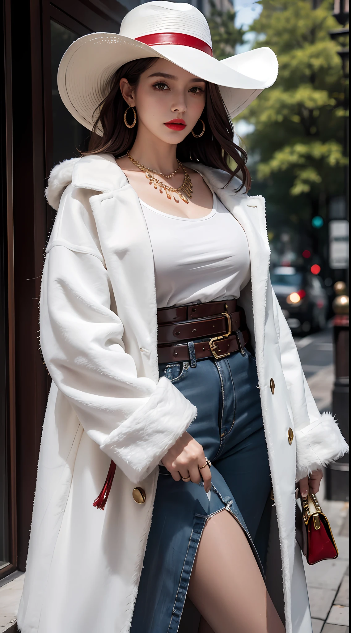 Best Quality, Masterpiece, Ultra High Resolution, (Realisticity: 1.4), Original Photo, 35 Years Old Women, White, Film Lighting, Fashion Model, Big Gun, Fox Coat, Lady, Feather Wide-brimmed Hat, Red Lips, Eye Shadow, Wide Ladies Belt, Necklace, Earrings,