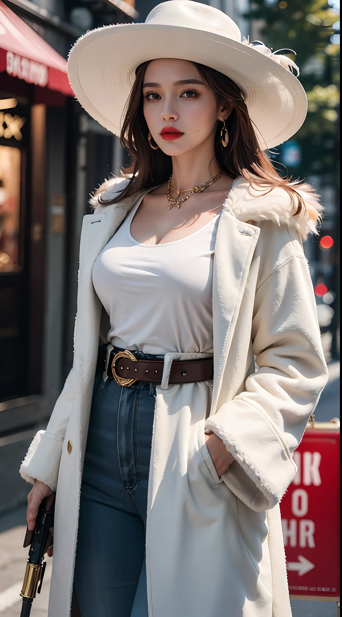 Best Quality, Masterpiece, Ultra High Resolution, (Realisticity: 1.4), Original Photo, 35 Years Old Women, White, Film Lighting, Fashion Model, Big Gun, Fox Coat, Lady, Feather Wide-brimmed Hat, Red Lips, Eye Shadow, Wide Ladies Belt, Necklace, Earrings,